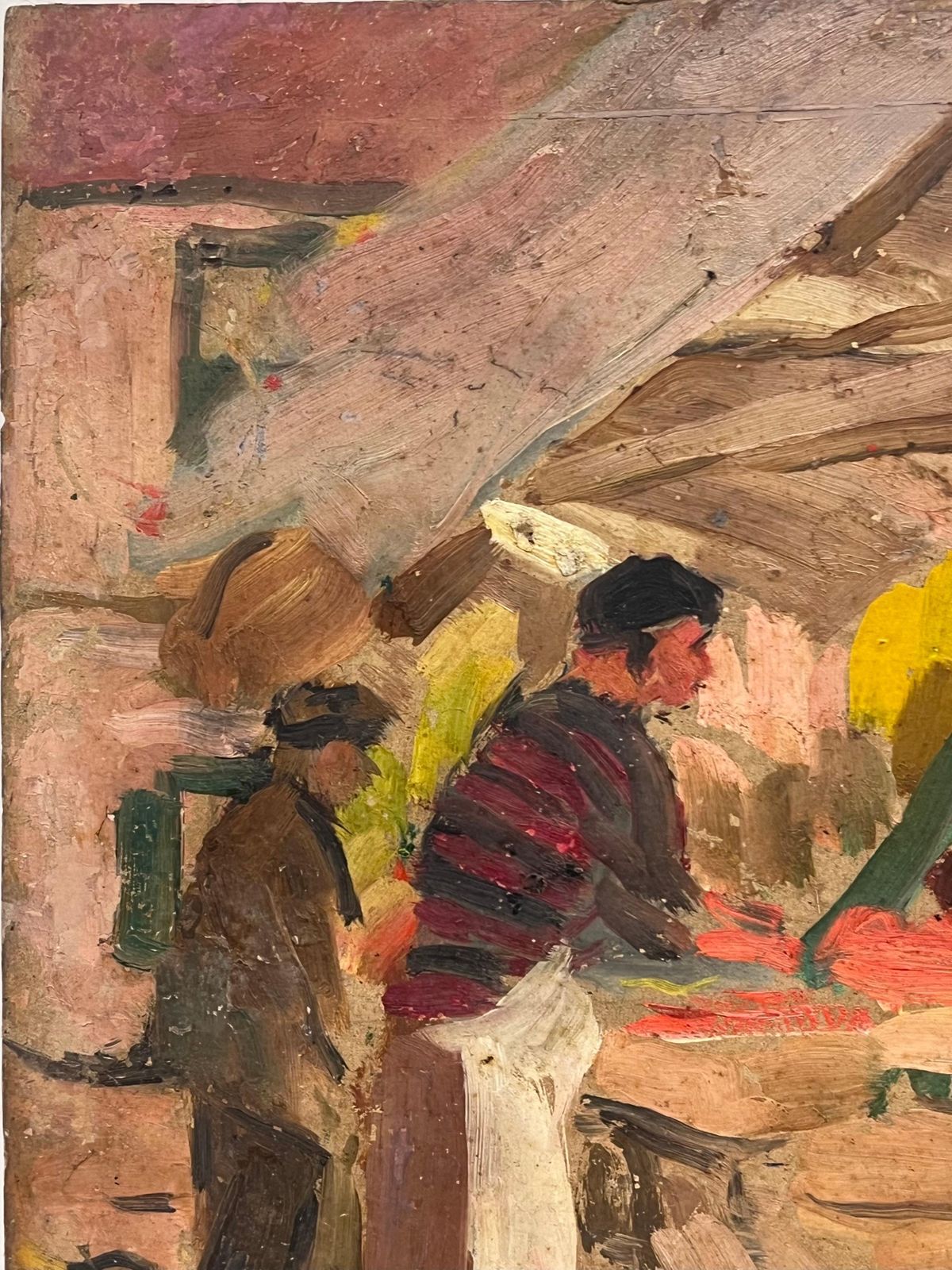 Suzanne Dinkes French 1950's Signed Oil Painting Busy Fruit & Veg French Market Scene Figures photo buy