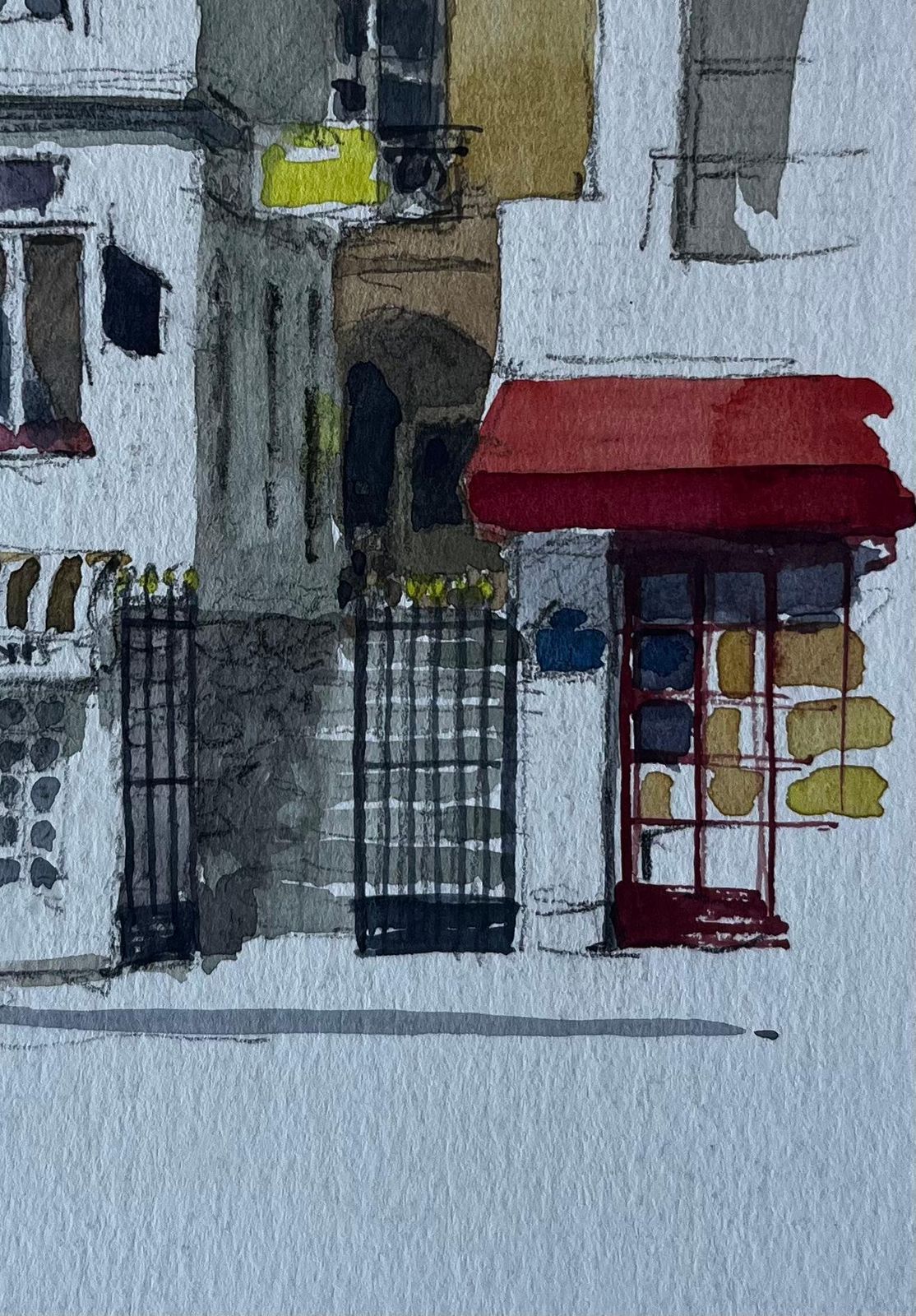 Pierre Neveu Paris Street Scene With Red Awning And Iron Gates Watercolour By Pierre Neveu photo 625.0