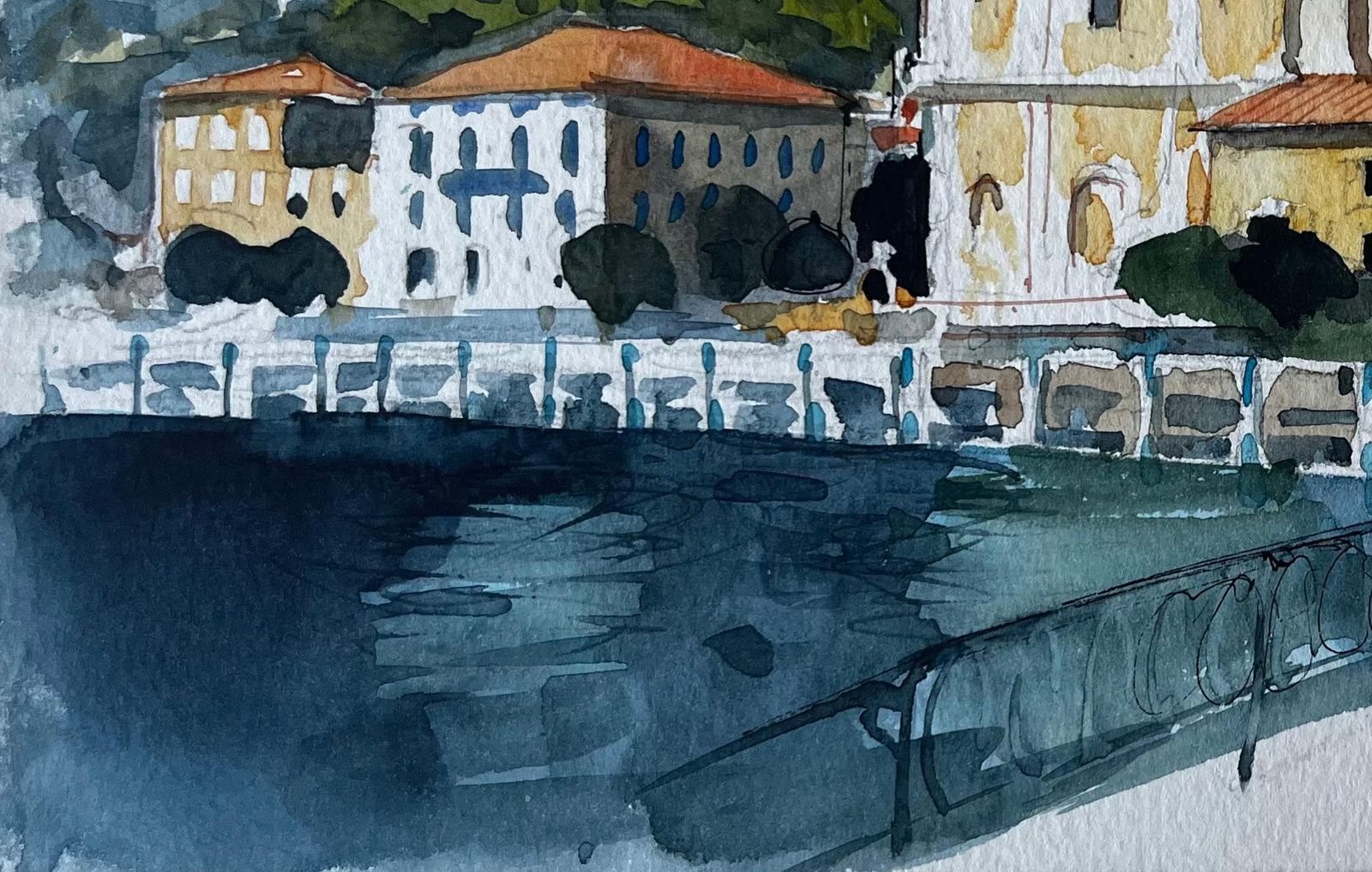 Pierre Neveu Mediterranean Coastal Town And Church Watercolour By Pierre Neveu photo vinterior