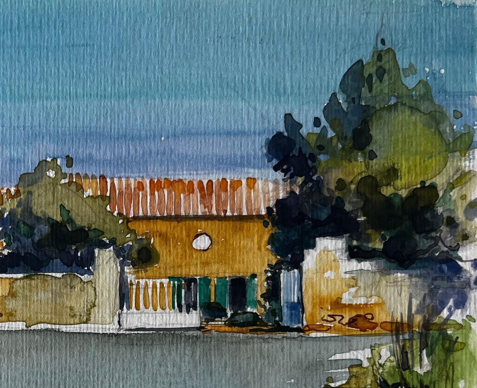 Pierre Neveu La Ferme Des Sables French Farm Landscape Watercolour By Pierre Neveu photo for sale