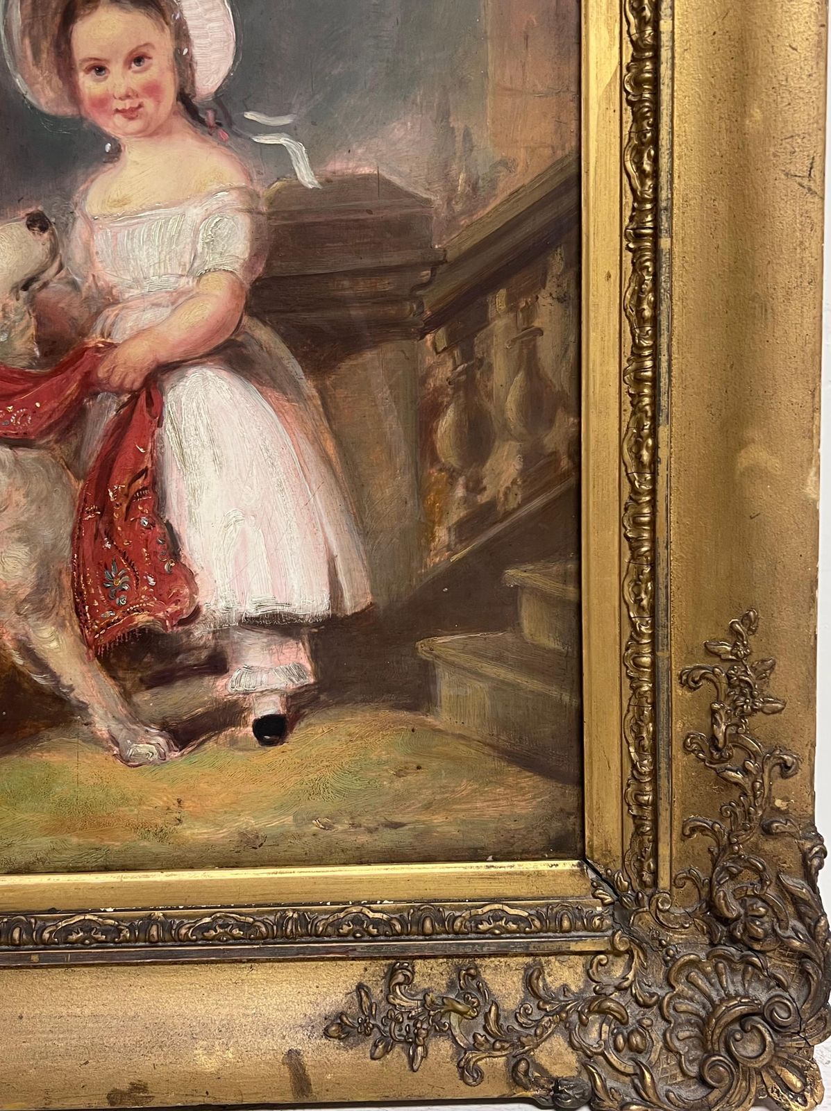 Victorian School Large Victorian English Oil Painting Young Girl Country House Steps With Her Dog photo 1585.0