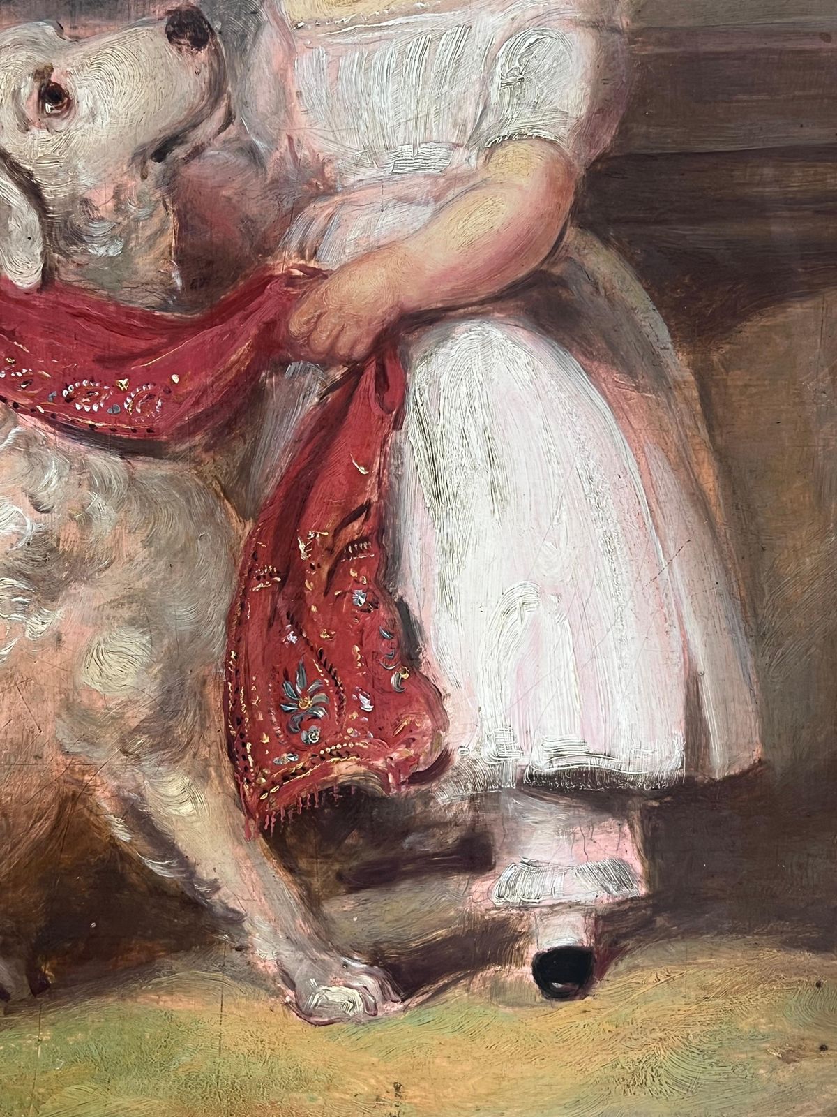 Victorian School Large Victorian English Oil Painting Young Girl Country House Steps With Her Dog photo vinterior