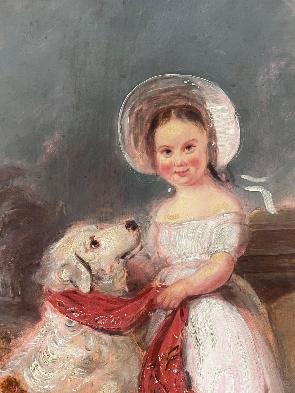 photo furniture Victorian School Large Victorian English Oil Painting Young Girl Country House Steps With Her Dog