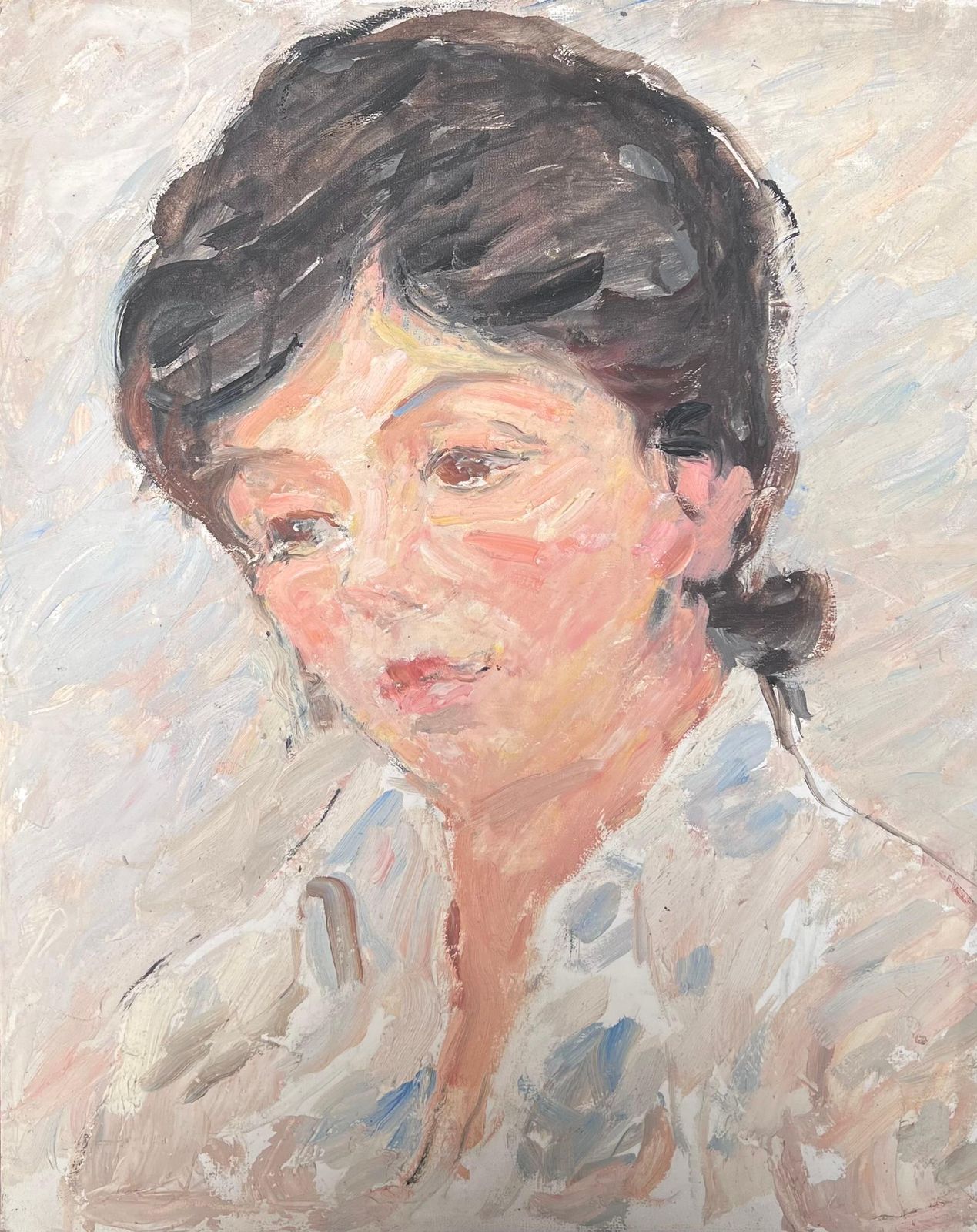 Suzanne Dinkes Mid Century French Impressionist Oil Portrait Of Woman White Blouse Shirt 1950's