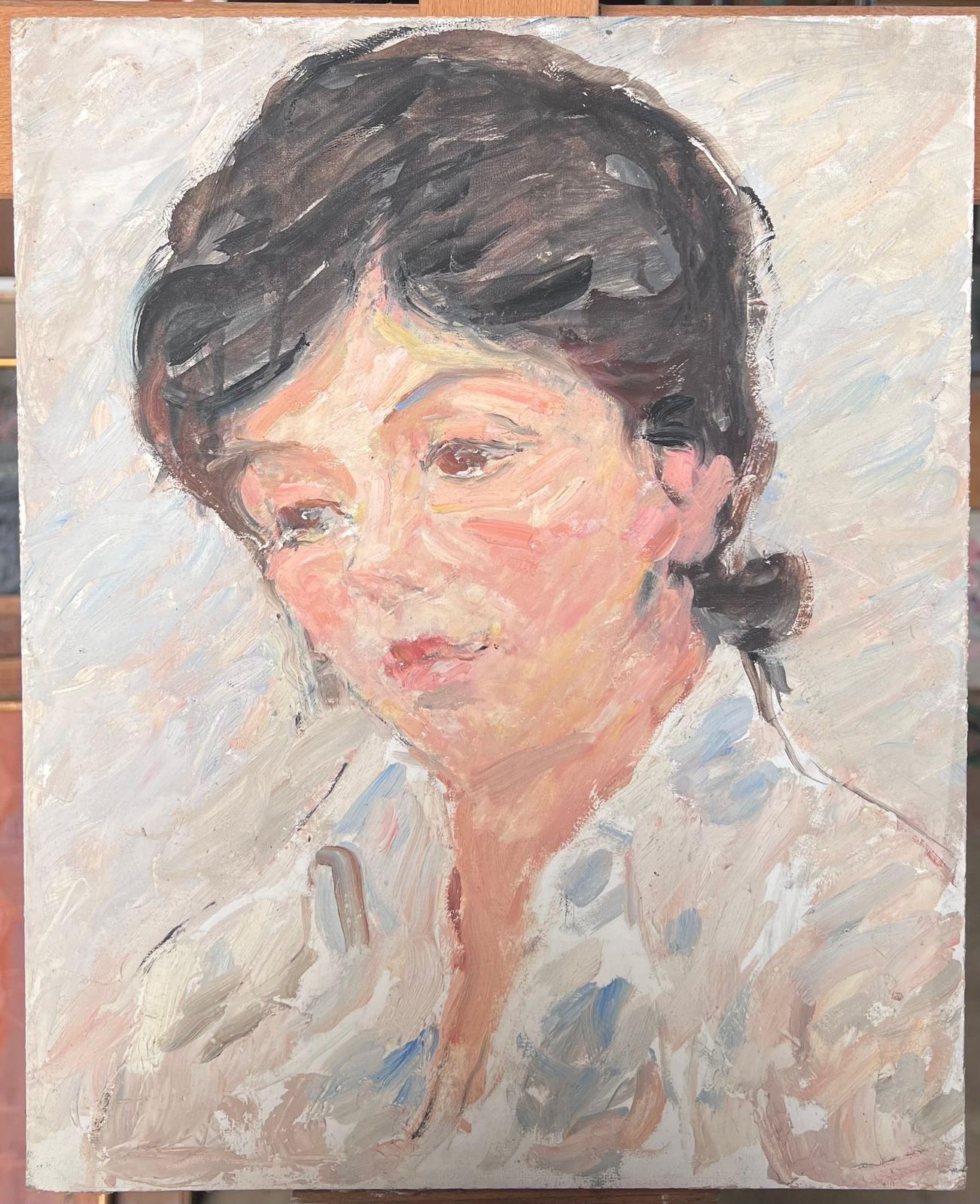 Suzanne Dinkes Mid Century French Impressionist Oil Portrait Of Woman White Blouse Shirt 1950's photo furniture