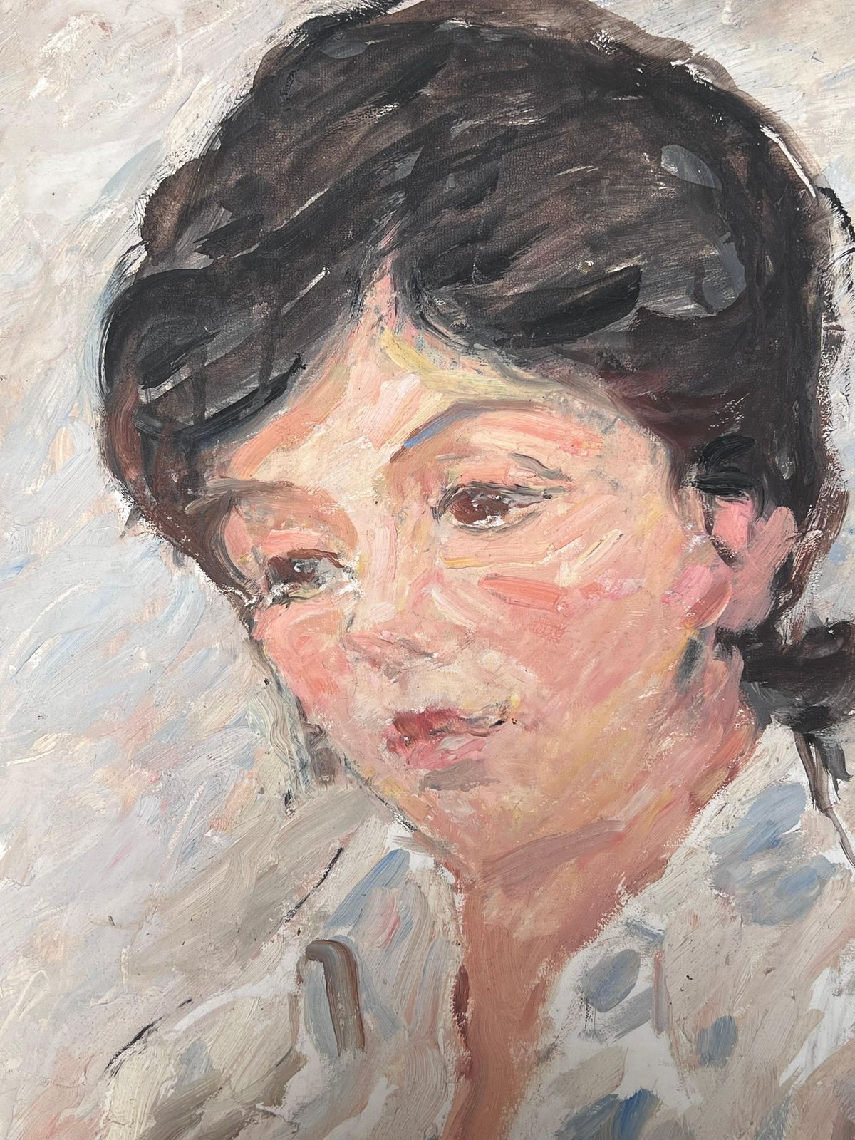 Suzanne Dinkes Mid Century French Impressionist Oil Portrait Of Woman White Blouse Shirt 1950's photo for sale