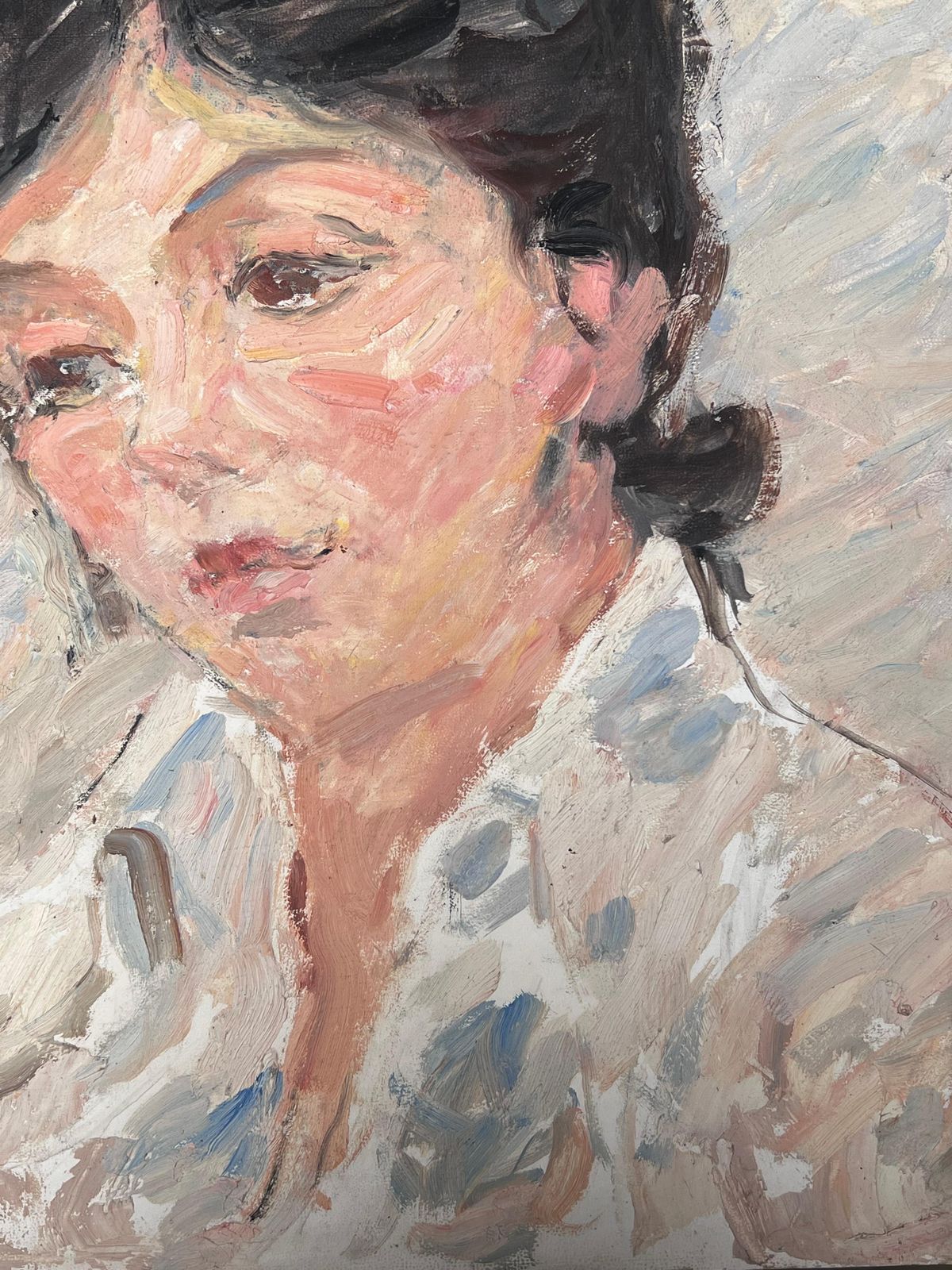 Suzanne Dinkes Mid Century French Impressionist Oil Portrait Of Woman White Blouse Shirt 1950's photo 650.0