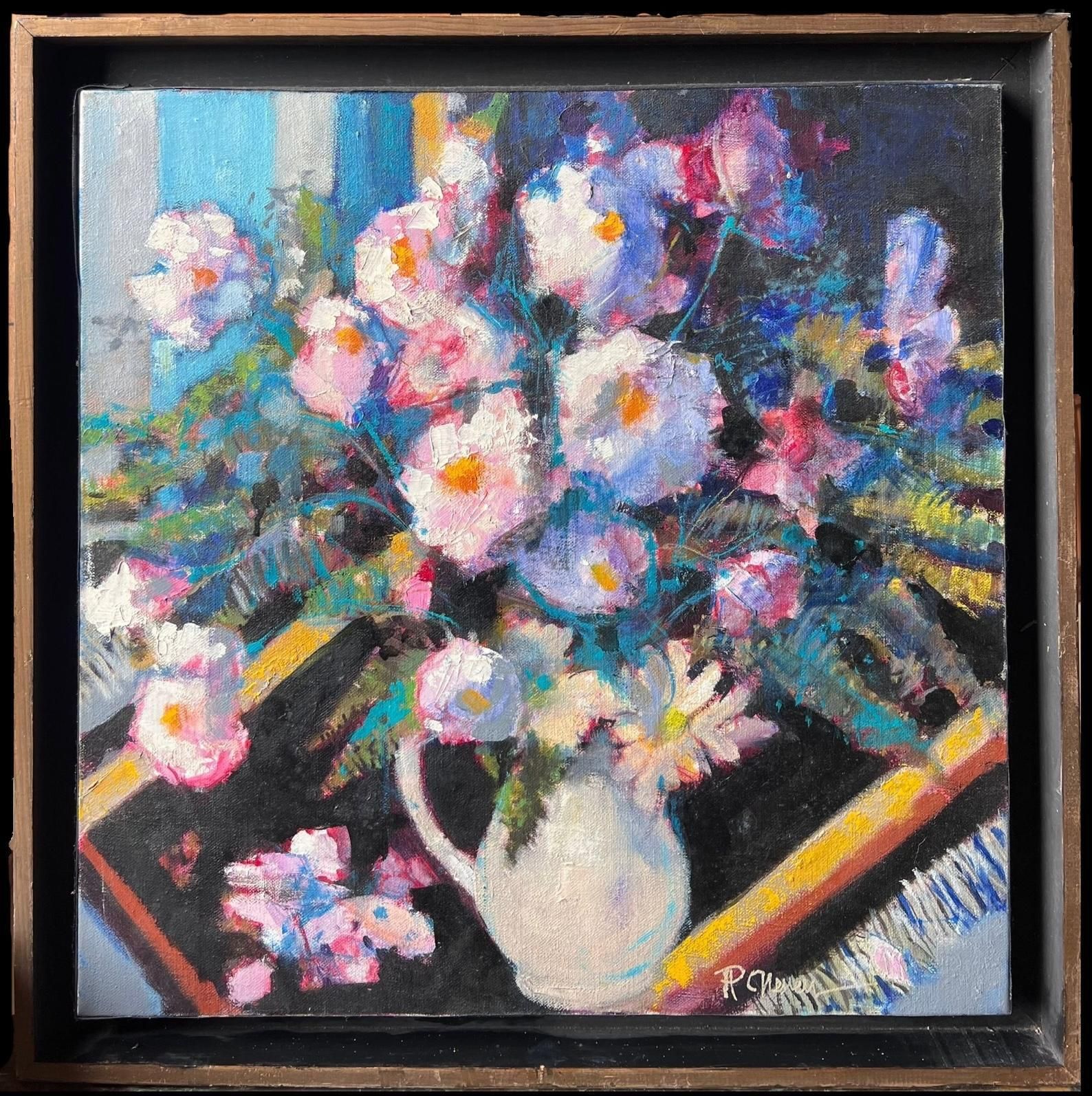Pierre Neveu Large French Impressionist Signed Oil Painting Abundant Pink Flowers Still Life