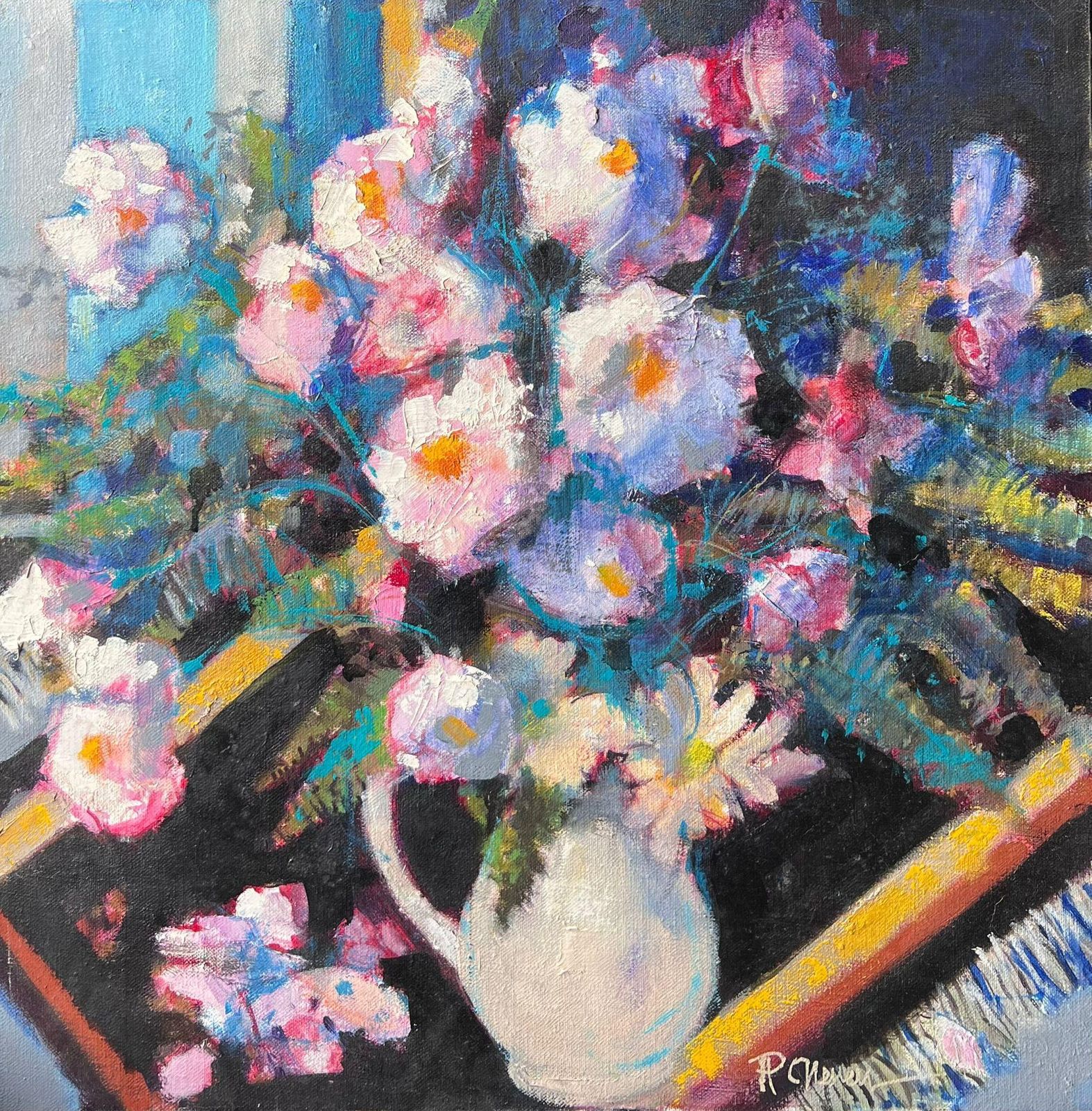 Pierre Neveu Large French Impressionist Signed Oil Painting Abundant Pink Flowers Still Life photo furniture