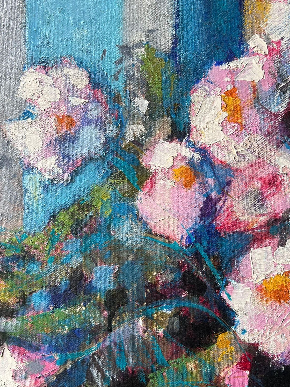 Pierre Neveu Large French Impressionist Signed Oil Painting Abundant Pink Flowers Still Life photo vinterior