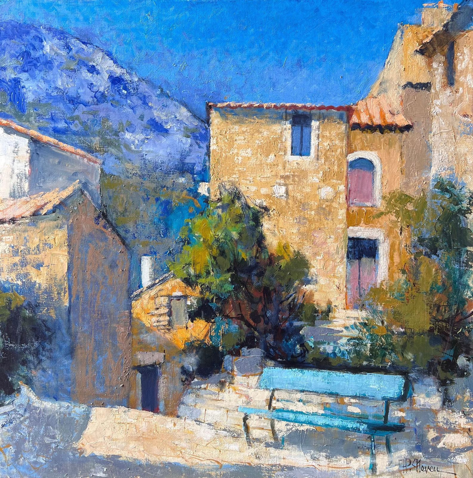 Pierre Neveu Old Provencal Village Houses & Blue Bench French Post Impressionist Oil Painting