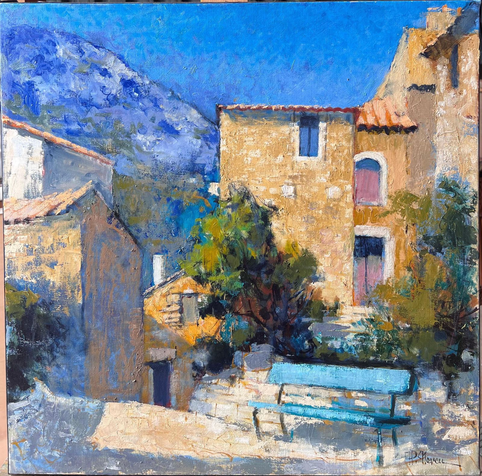 Pierre Neveu Old Provencal Village Houses & Blue Bench French Post Impressionist Oil Painting photo furniture