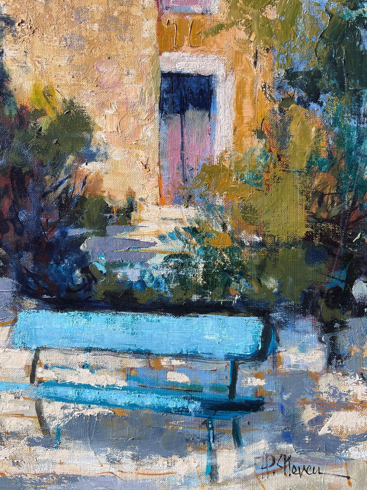 Pierre Neveu Old Provencal Village Houses & Blue Bench French Post Impressionist Oil Painting photo Art