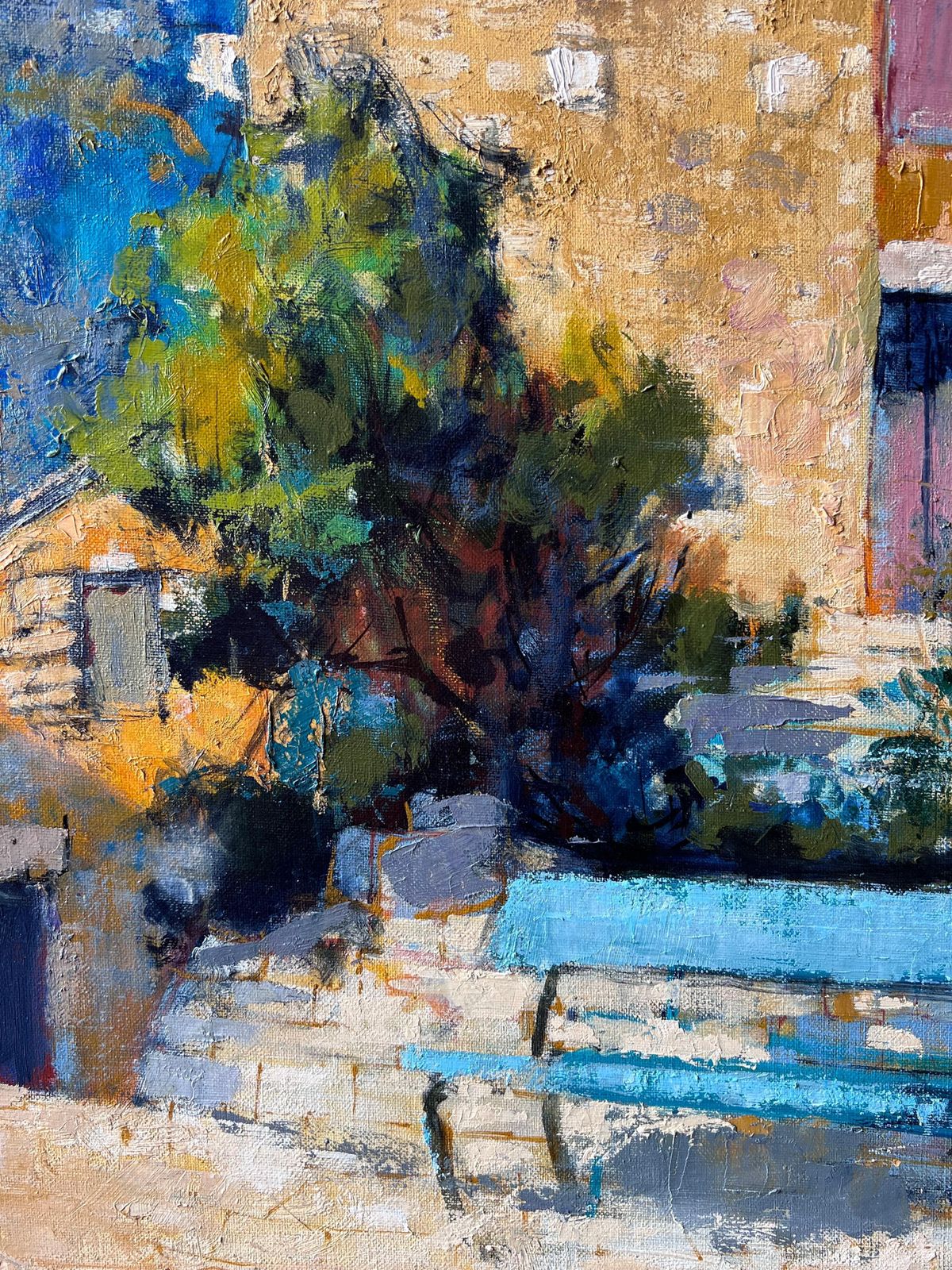 Pierre Neveu Old Provencal Village Houses & Blue Bench French Post Impressionist Oil Painting photo 1500.0
