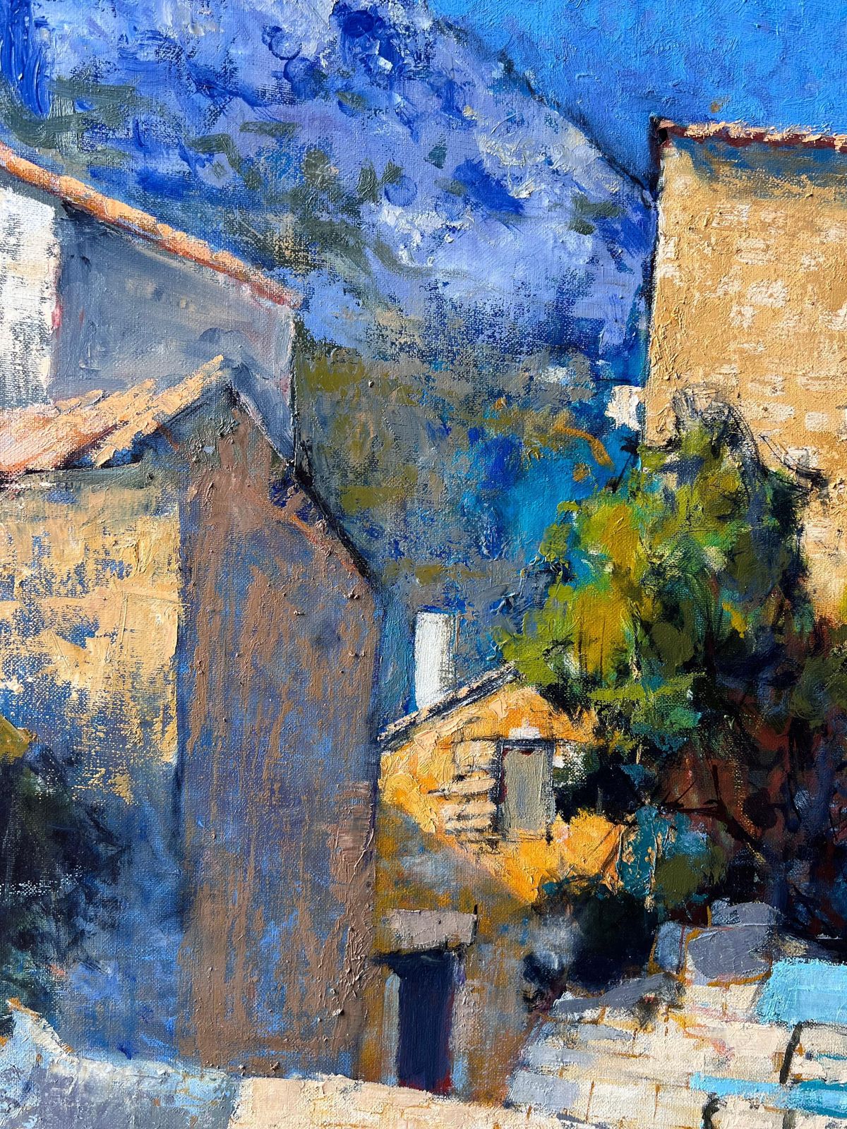 Pierre Neveu Old Provencal Village Houses & Blue Bench French Post Impressionist Oil Painting photo vintage