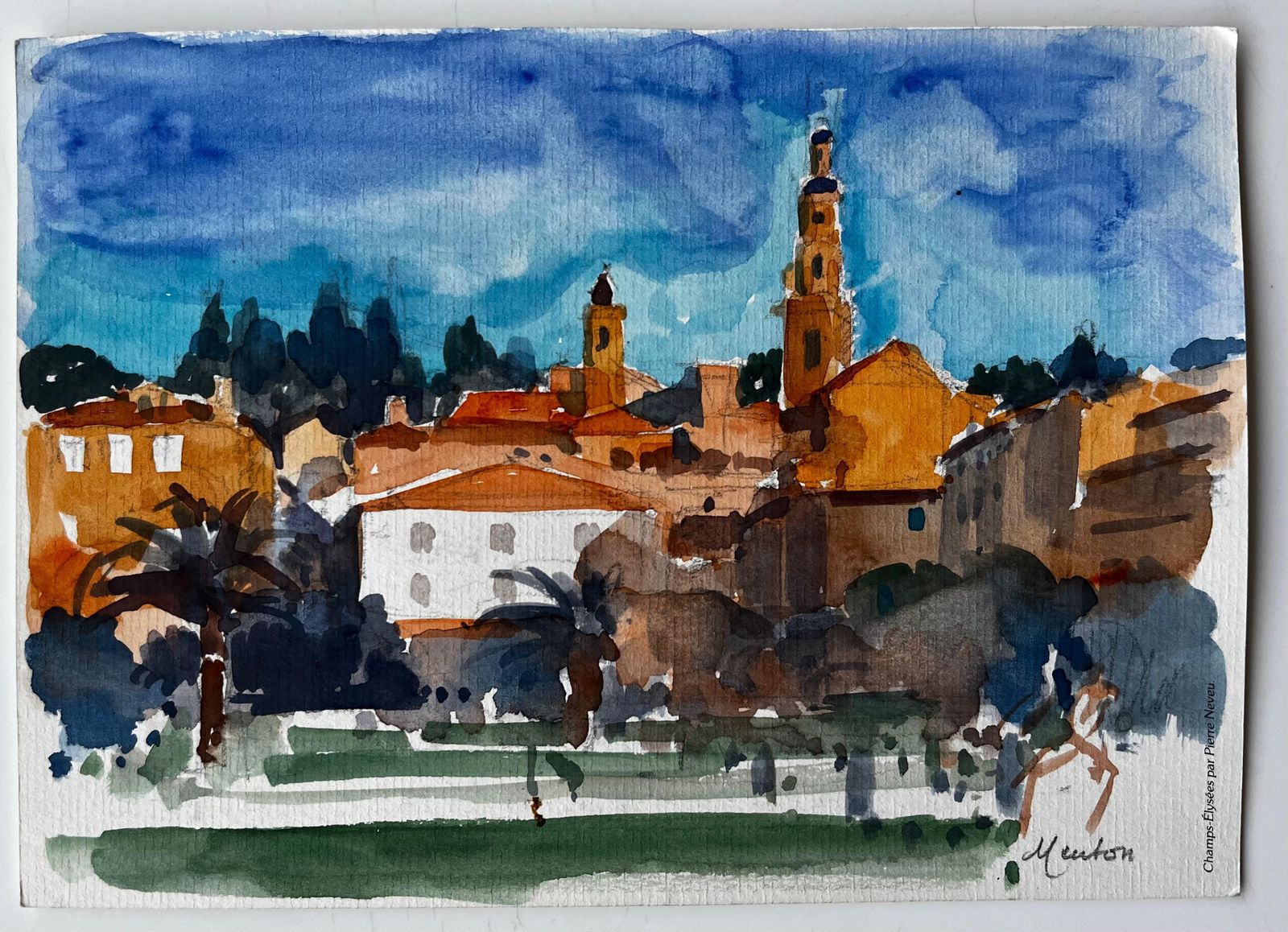 Pierre Neveu Menton French Riviera Cityscape With Church Towers And Palm Trees Watercolour photo furniture