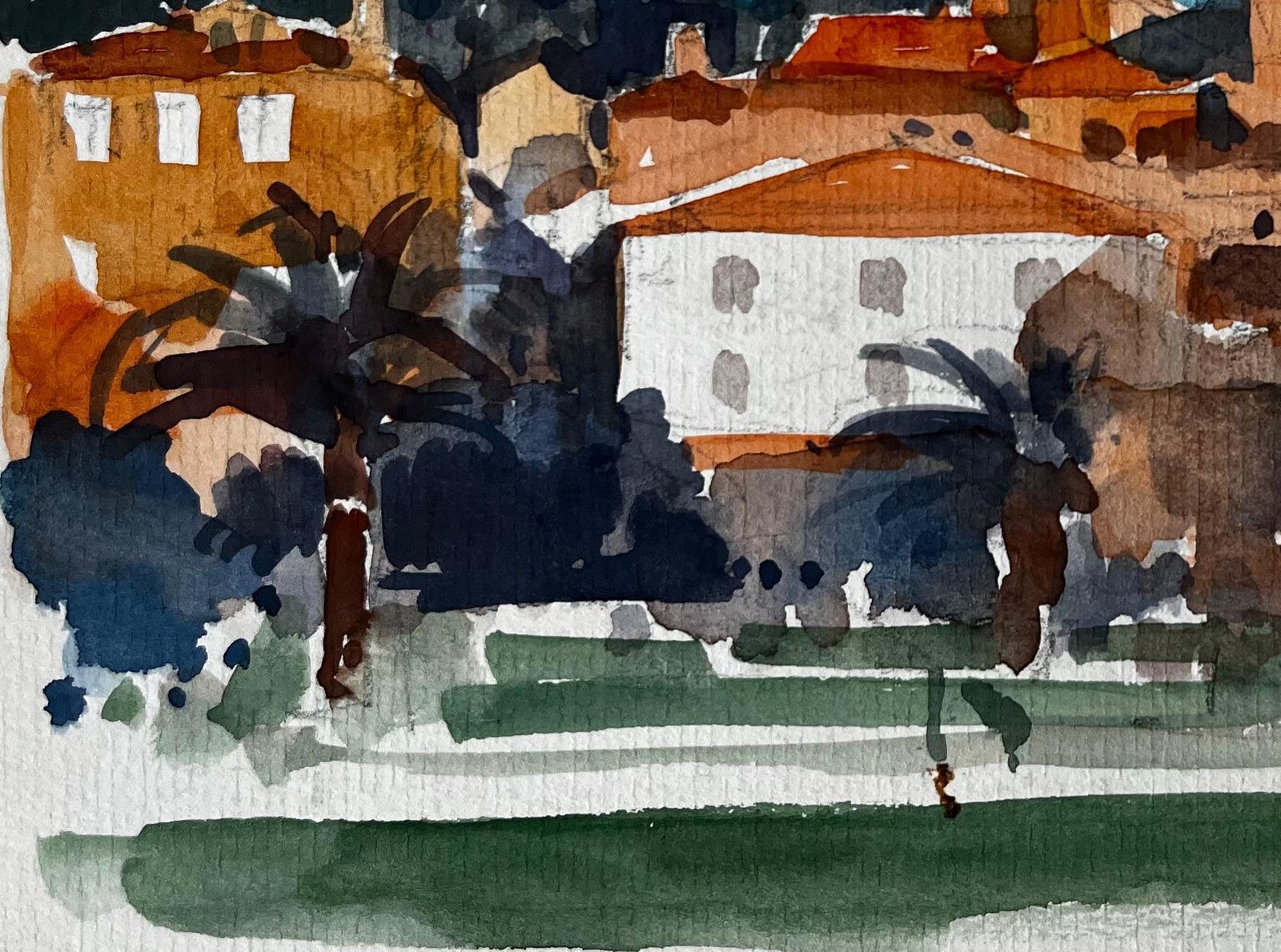 Pierre Neveu Menton French Riviera Cityscape With Church Towers And Palm Trees Watercolour photo 550.0