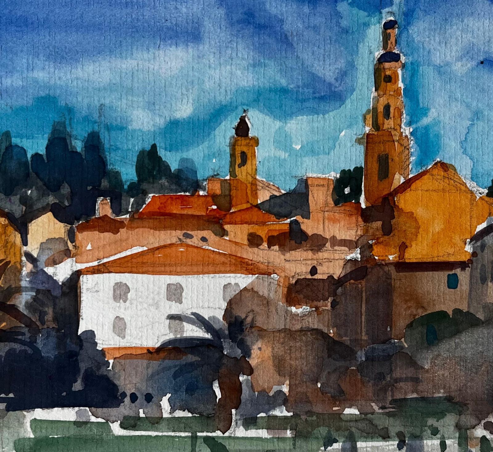 Pierre Neveu Menton French Riviera Cityscape With Church Towers And Palm Trees Watercolour photo buy