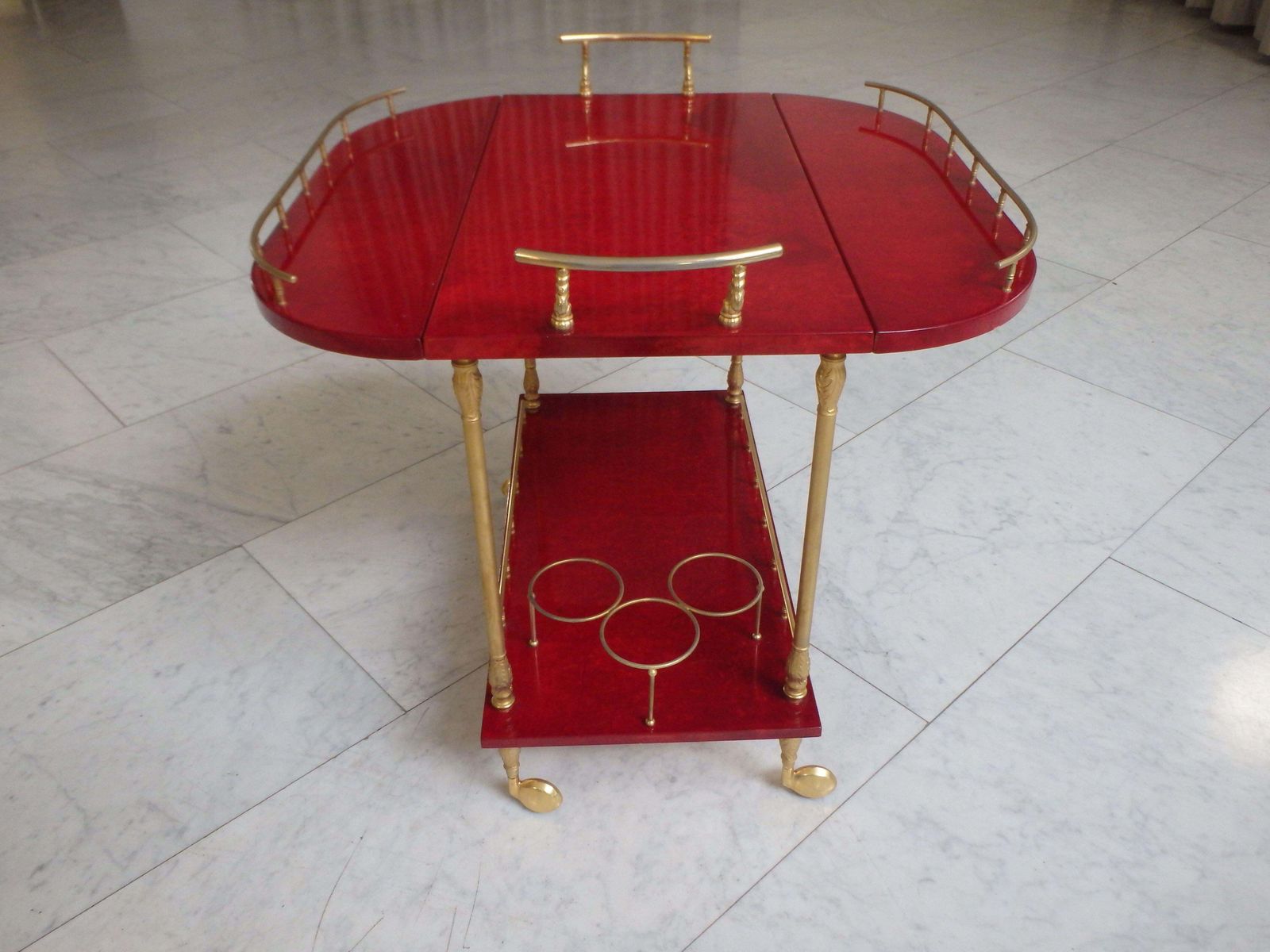 Vibrant Red Coat Skin Bar Cart By Aldo Tura With Wings To Be Opend photo furniture