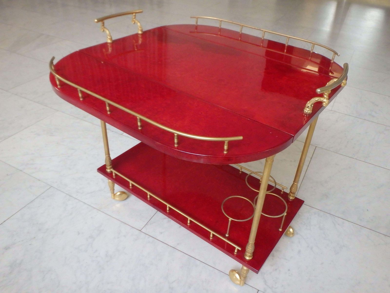 Vibrant Red Coat Skin Bar Cart By Aldo Tura With Wings To Be Opend photo 2230.0