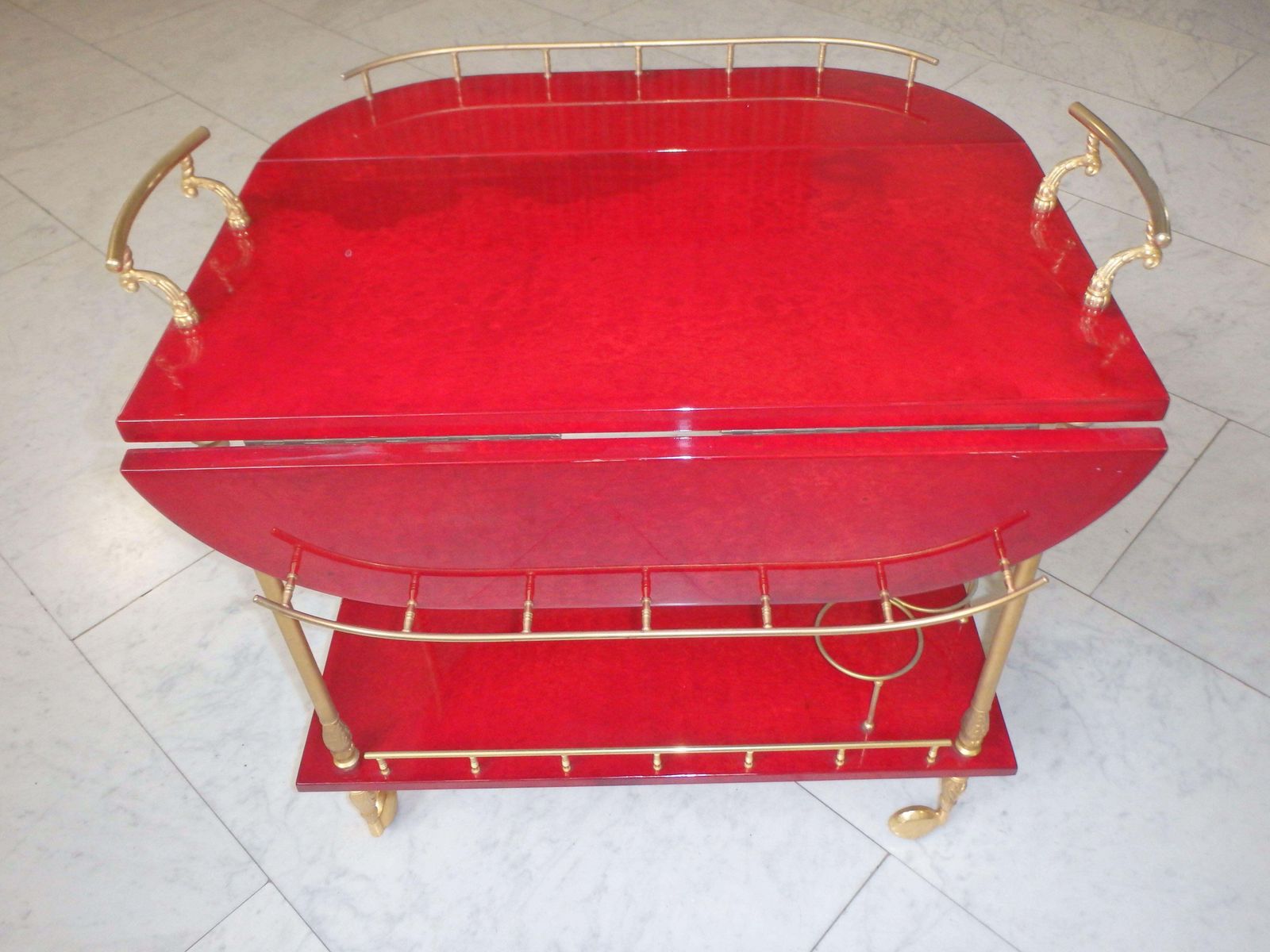Vibrant Red Coat Skin Bar Cart By Aldo Tura With Wings To Be Opend photo vinterior