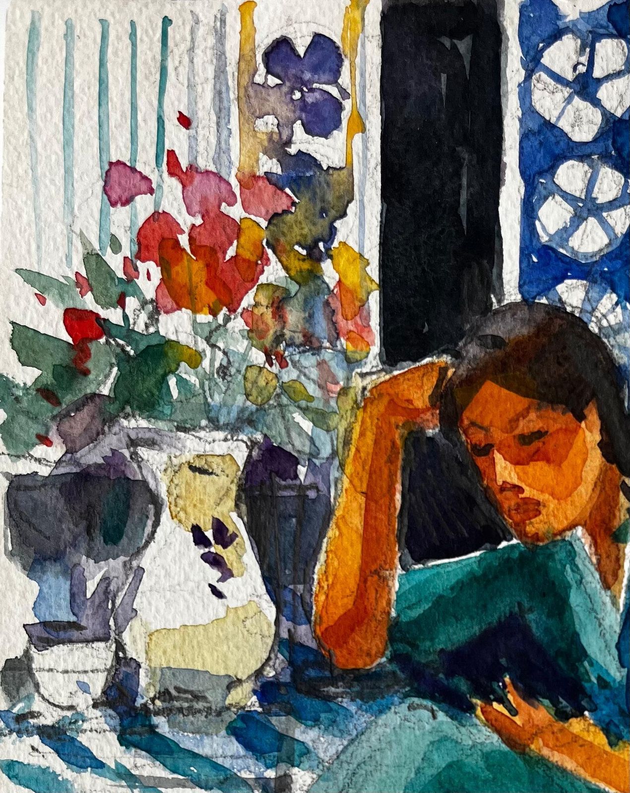 Pierre Neveu Woman Reading Indoors By Pierre Neveu French Watercolour Interior Scene Painting photo for sale