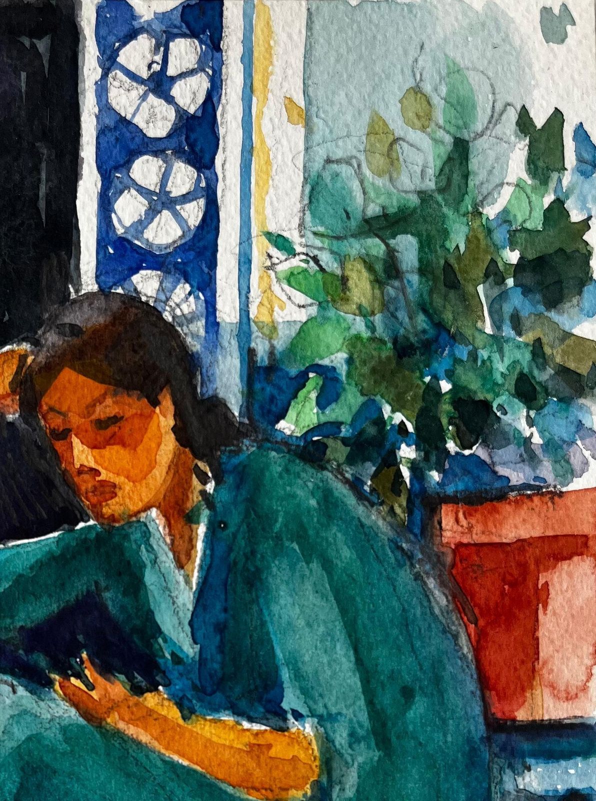 Pierre Neveu Woman Reading Indoors By Pierre Neveu French Watercolour Interior Scene Painting photo Art