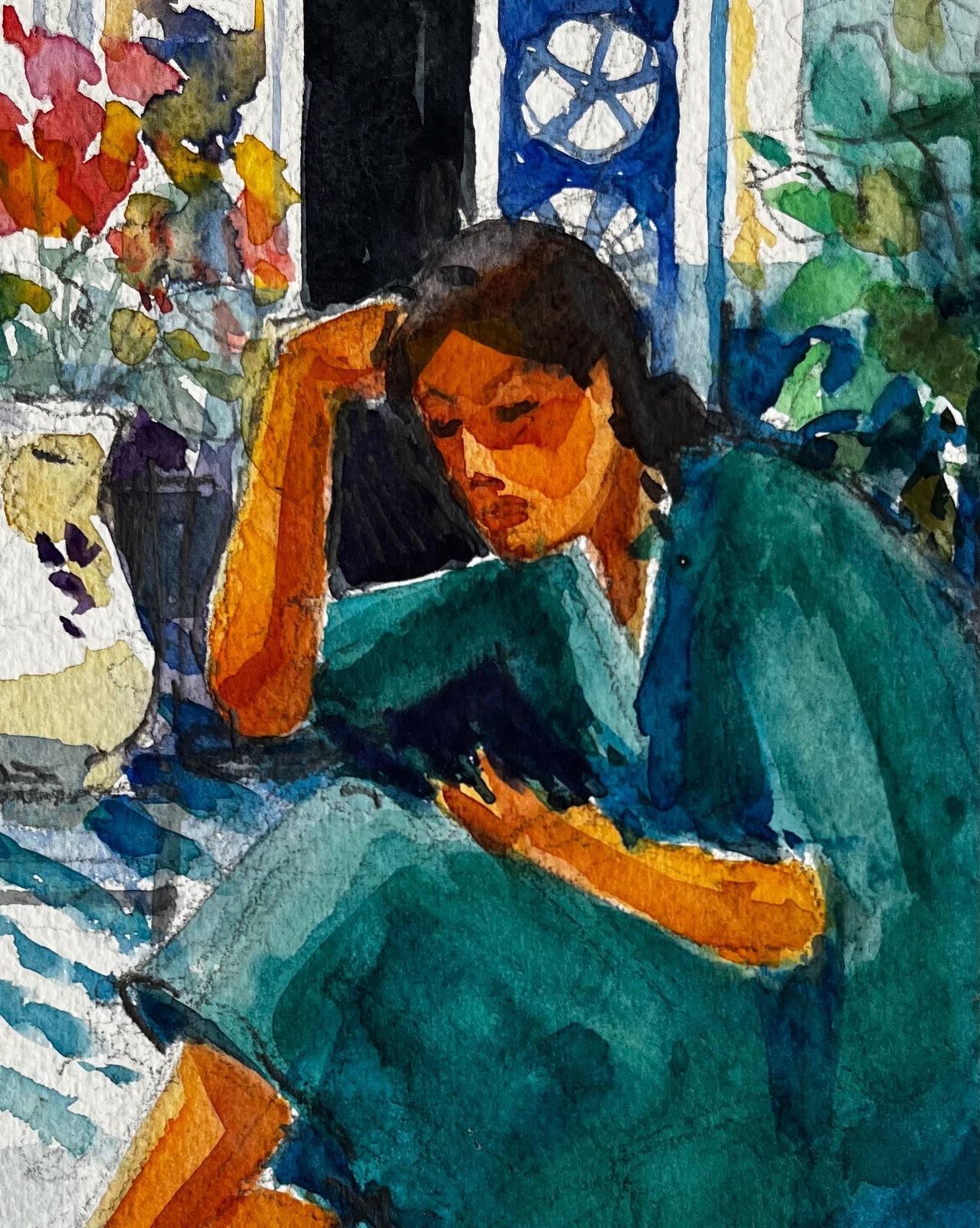 Pierre Neveu Woman Reading Indoors By Pierre Neveu French Watercolour Interior Scene Painting photo buy