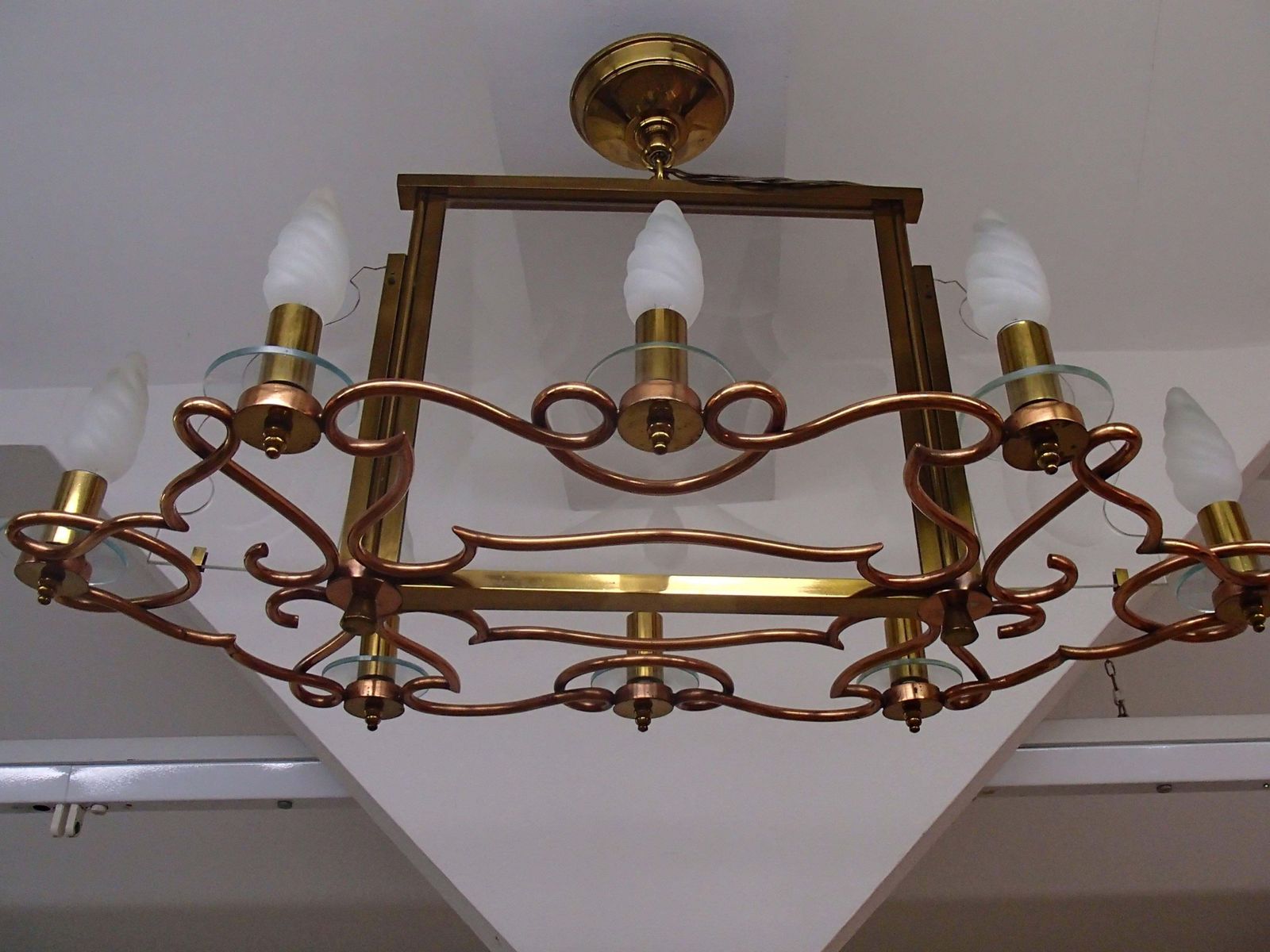 1940 Huge Decorative Copper Brass And Graved Glass Chandelier photo for sale