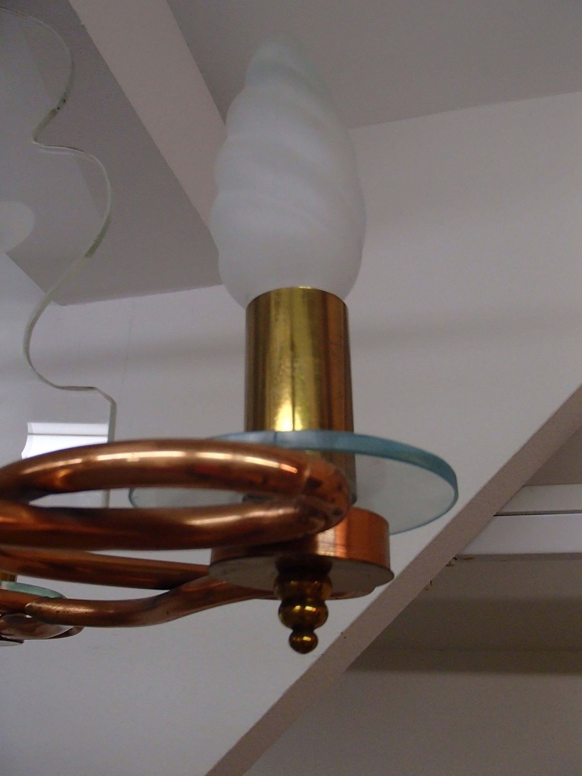 1940 Huge Decorative Copper Brass And Graved Glass Chandelier photo vintage