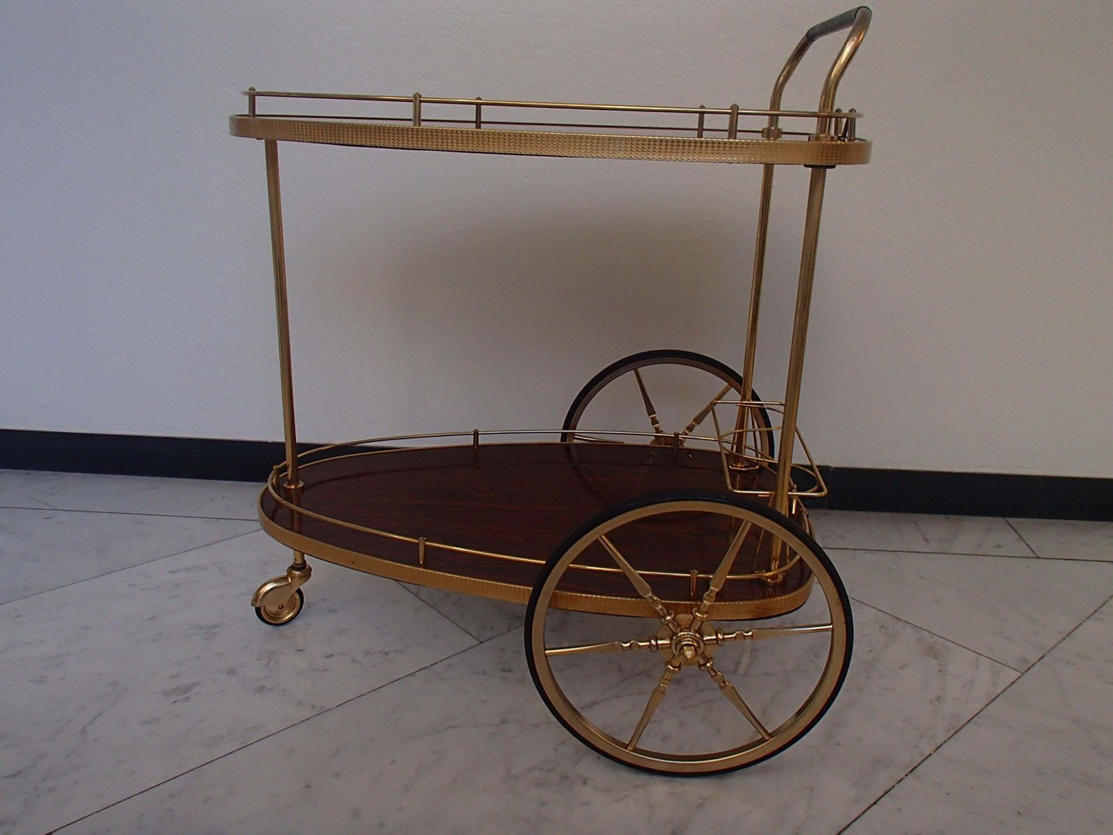 998.0 Mid Century Modern Triangle Trolley Brass And Formica Wood photo