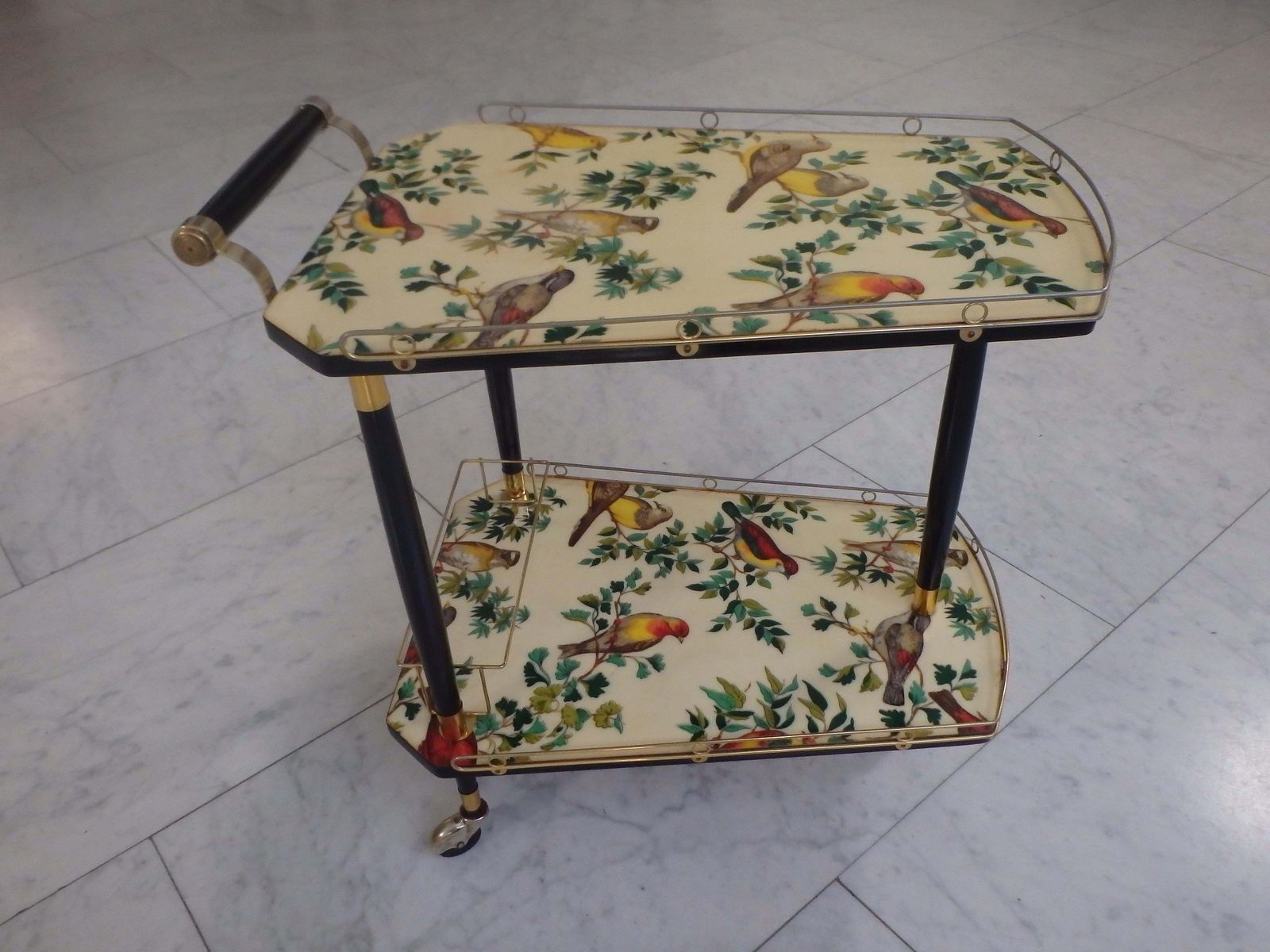 1950thies Bar Cart On 3 Wheels With Beautiful Birds On The Shelf's photo furniture
