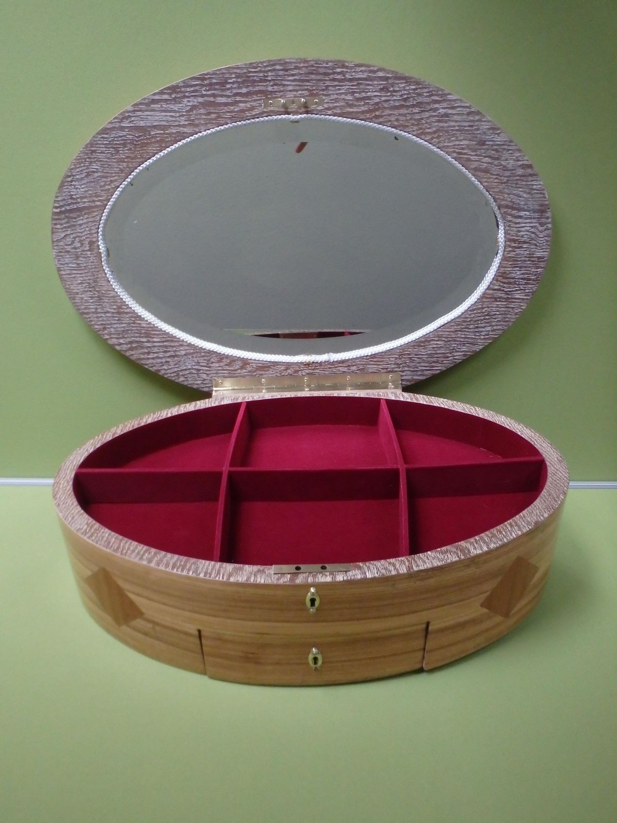 Huge Wooden  Jewelry Or Make Up Box With Oval Mirror For The Dressing Table photo vintage