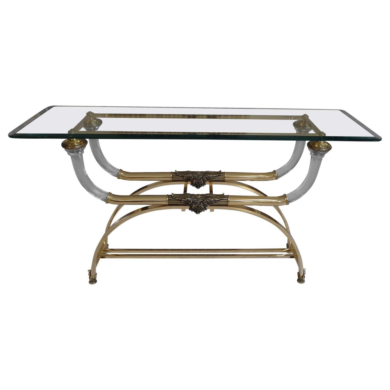 Sophisticated Console Brass And Plexiglass With Cut Glass Top By Gianni Versace