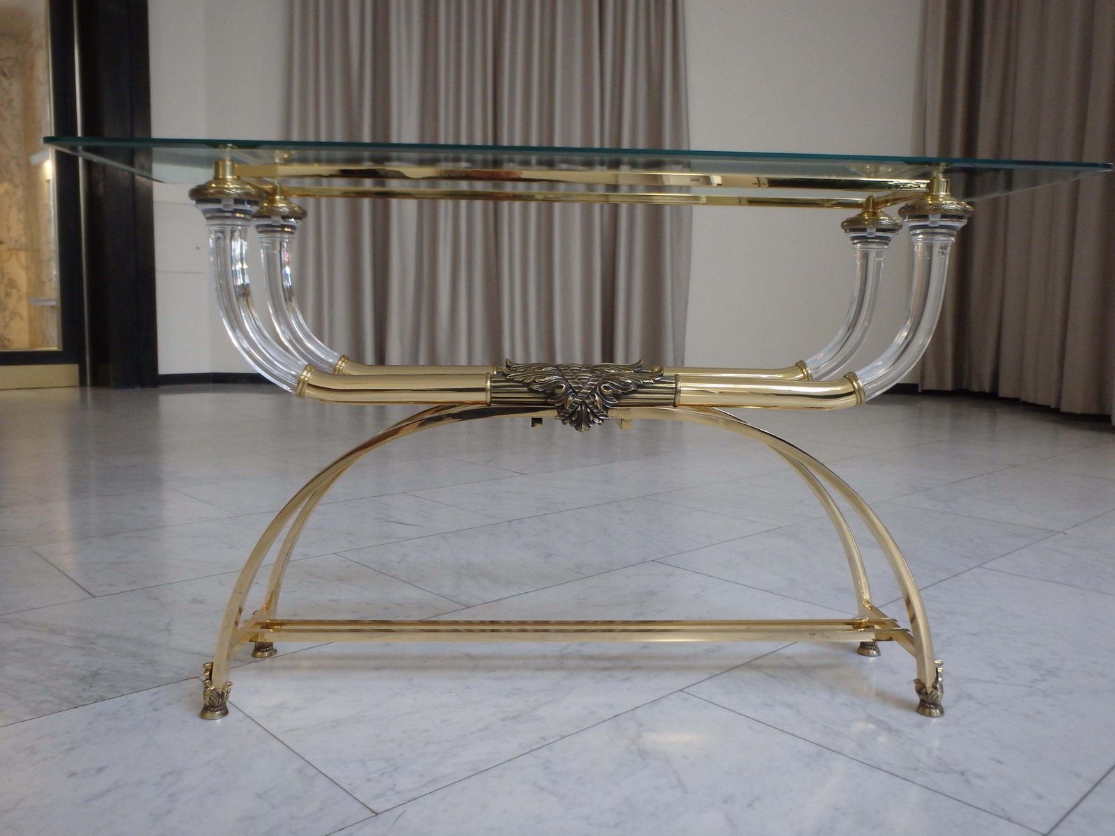 Sophisticated Console Brass And Plexiglass With Cut Glass Top By Gianni Versace photo for sale