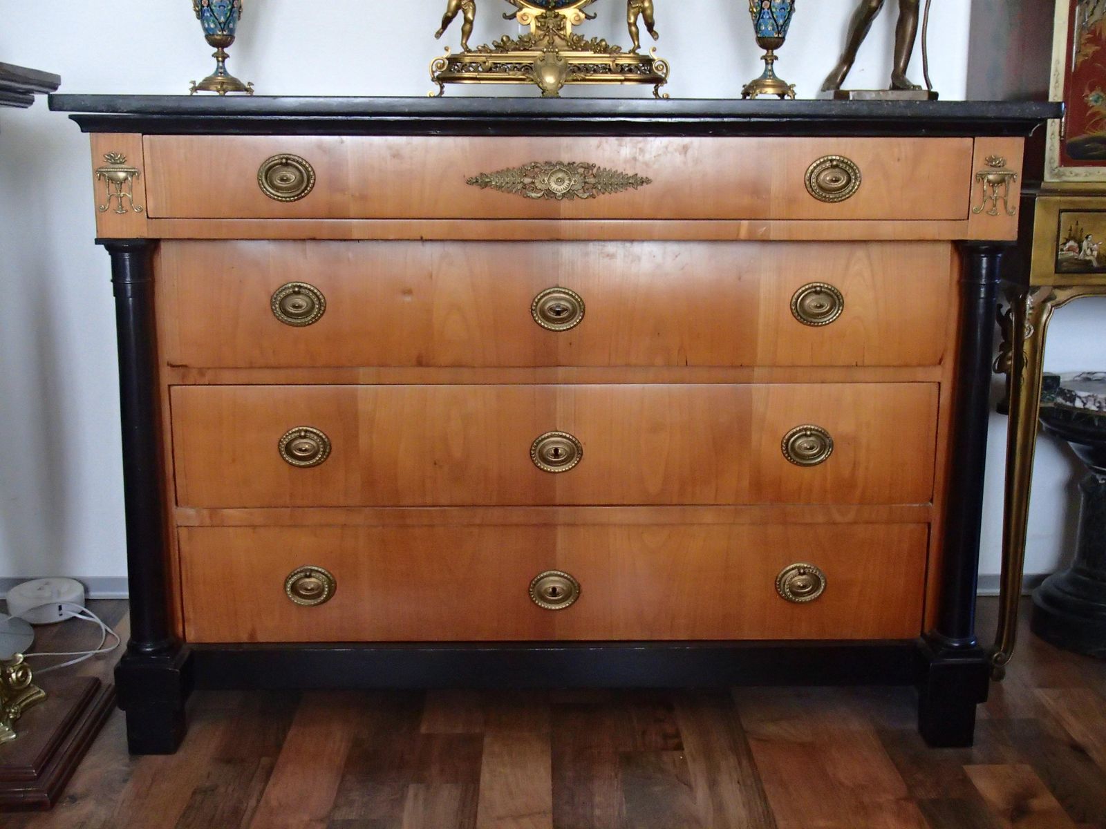 Empire Chest Of Drawers Cherry Wood With Black Colones And Black Marble Top photo furniture