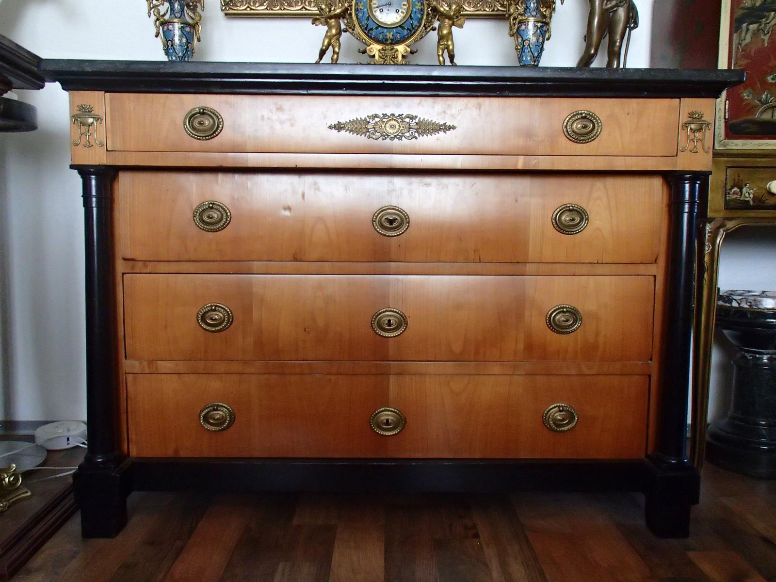 photo furniture Empire Chest Of Drawers Cherry Wood With Black Colones And Black Marble Top