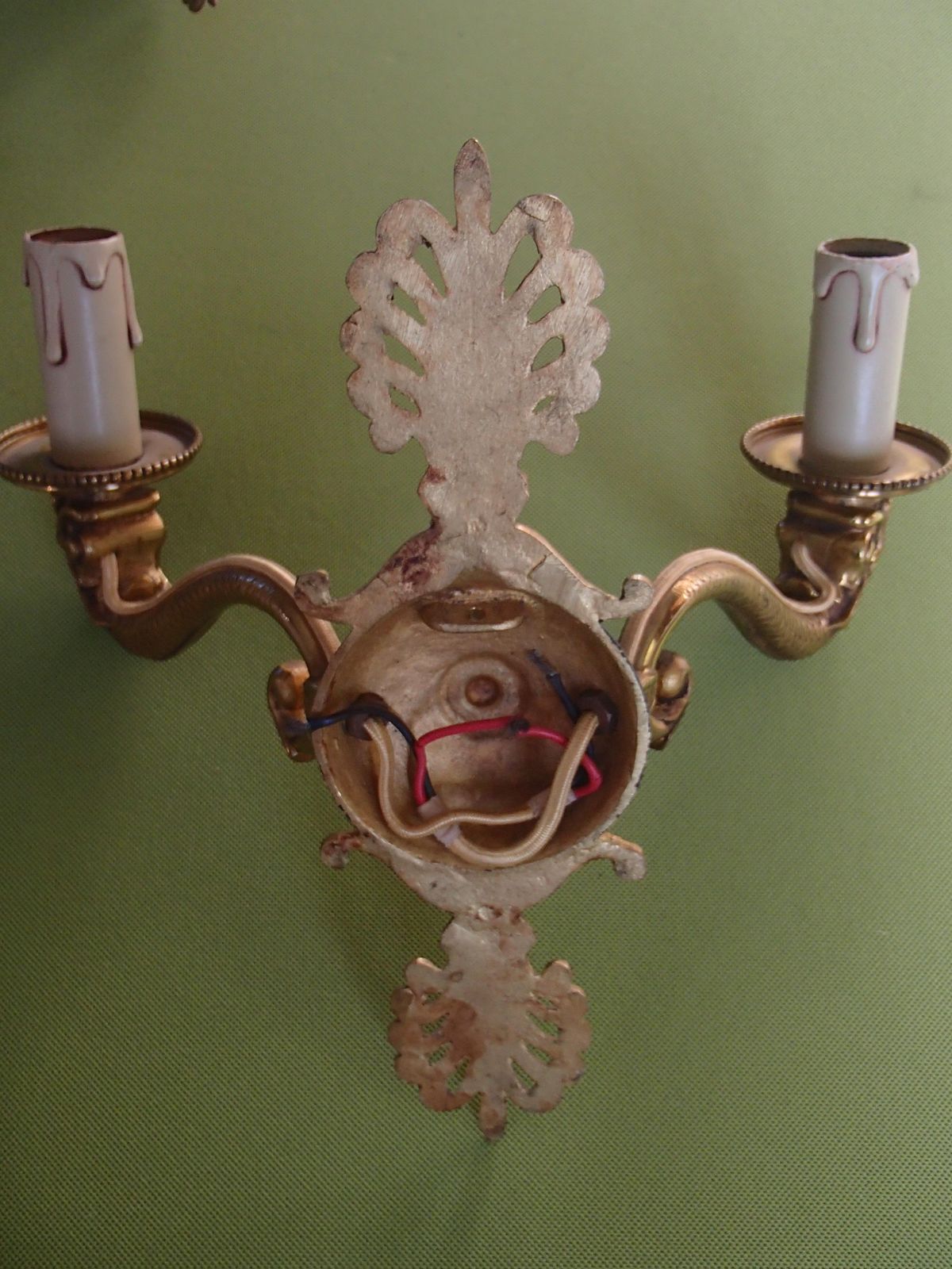 photo for sale Pair Of Bronze And Green Empire Wall Lights With Beige/Green Shades