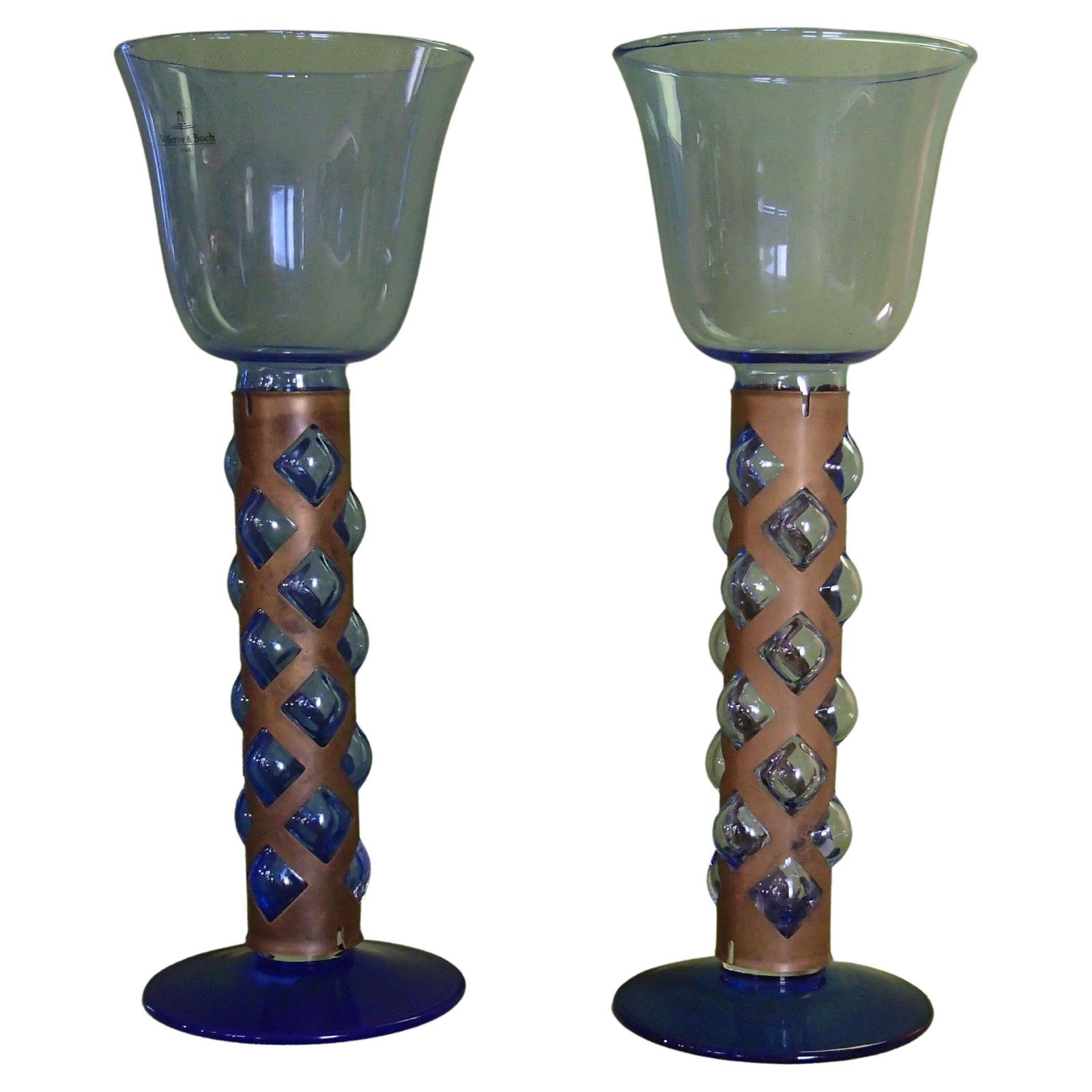 Pair Candlelight Holder Cobalt Blue Glass And Brass By Villeroy & Boch