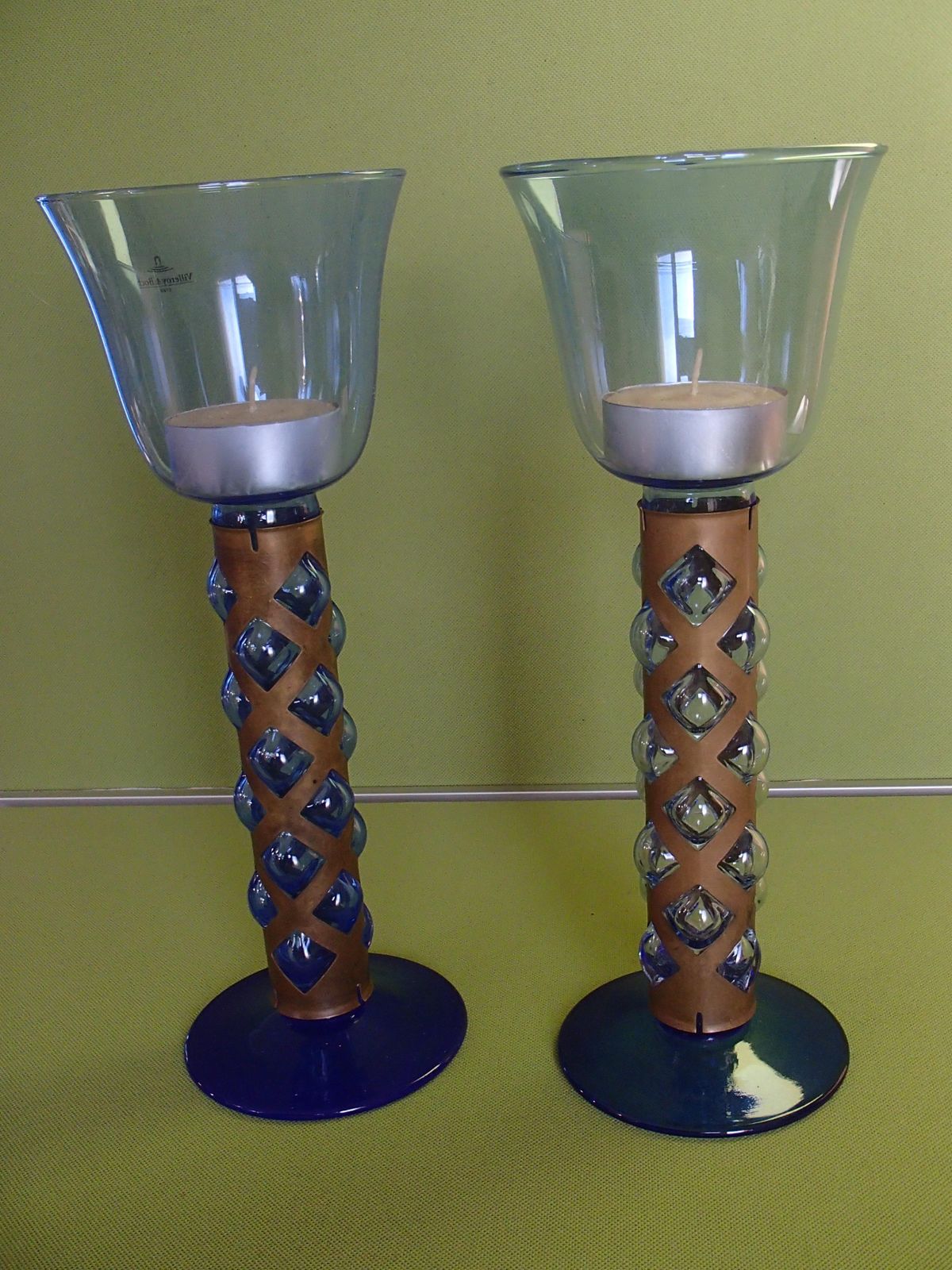 Pair Candlelight Holder Cobalt Blue Glass And Brass By Villeroy & Boch photo furniture