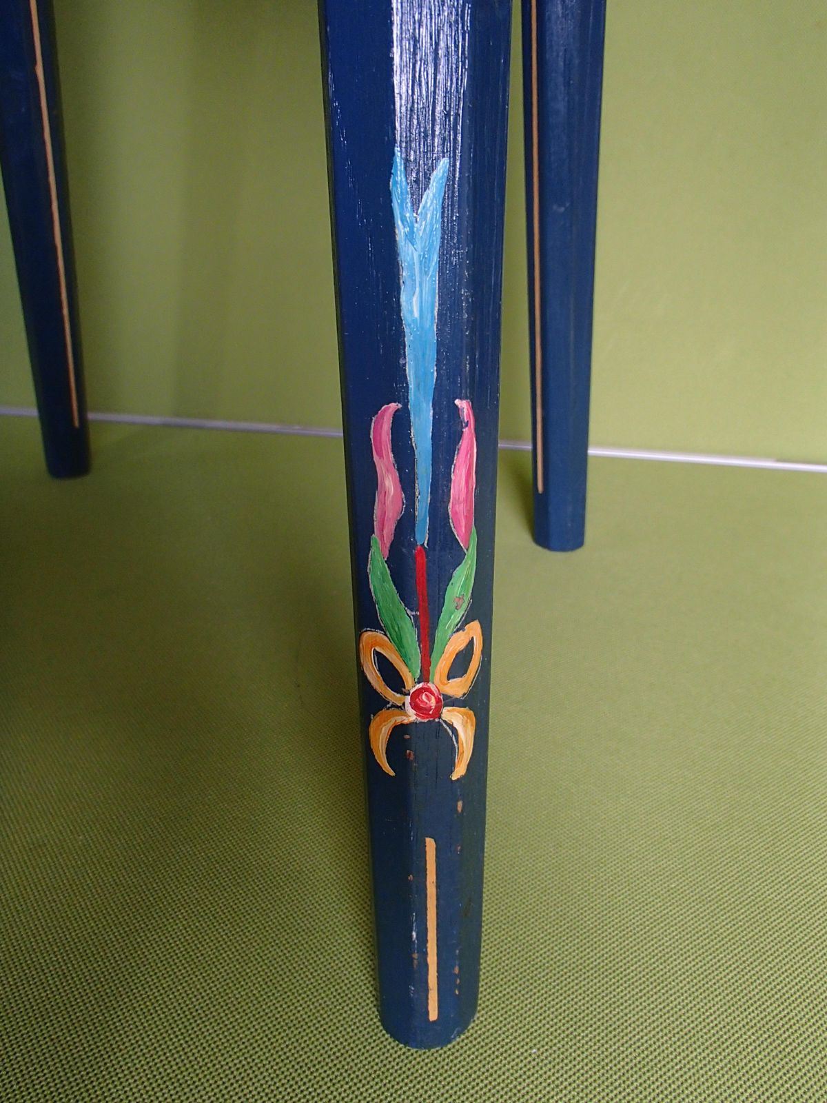 19th Century Folk Art Blue Wooden Stool Or Side Table Hand Painted Flowers photo for sale