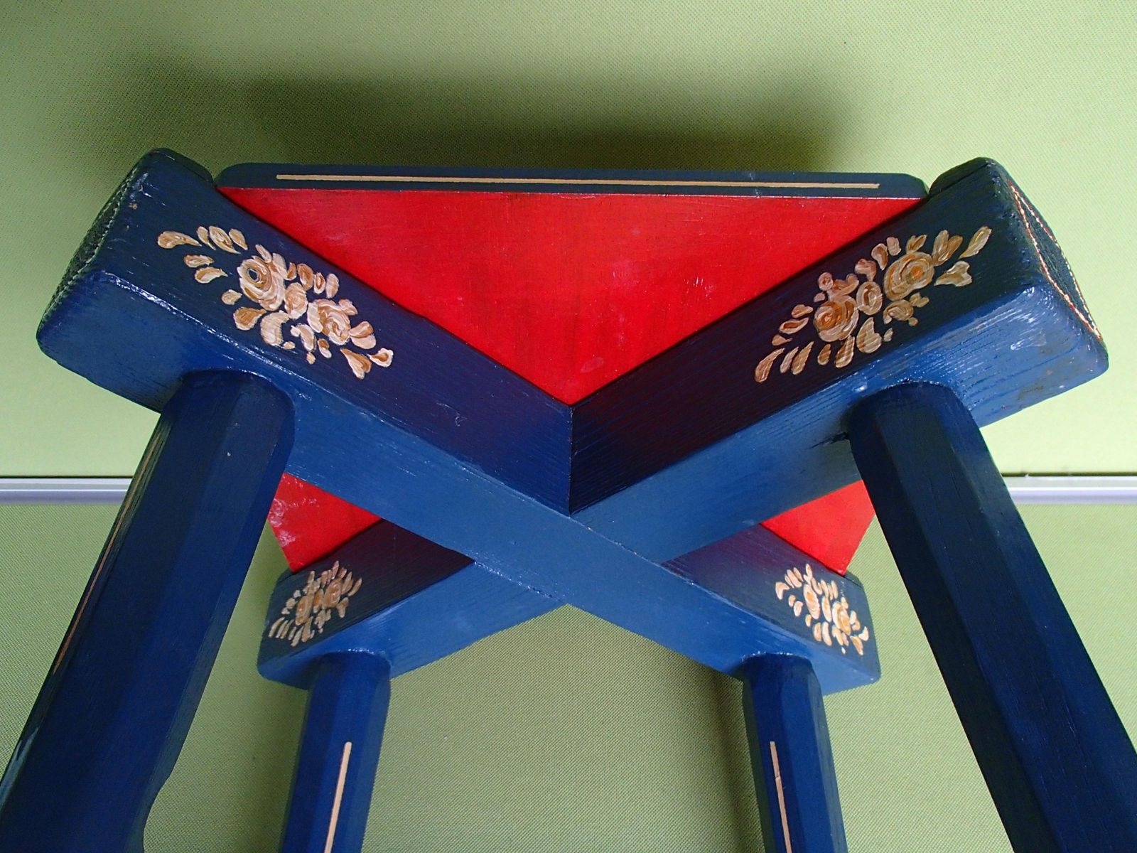19th Century Folk Art Blue Wooden Stool Or Side Table Hand Painted Flowers photo buy