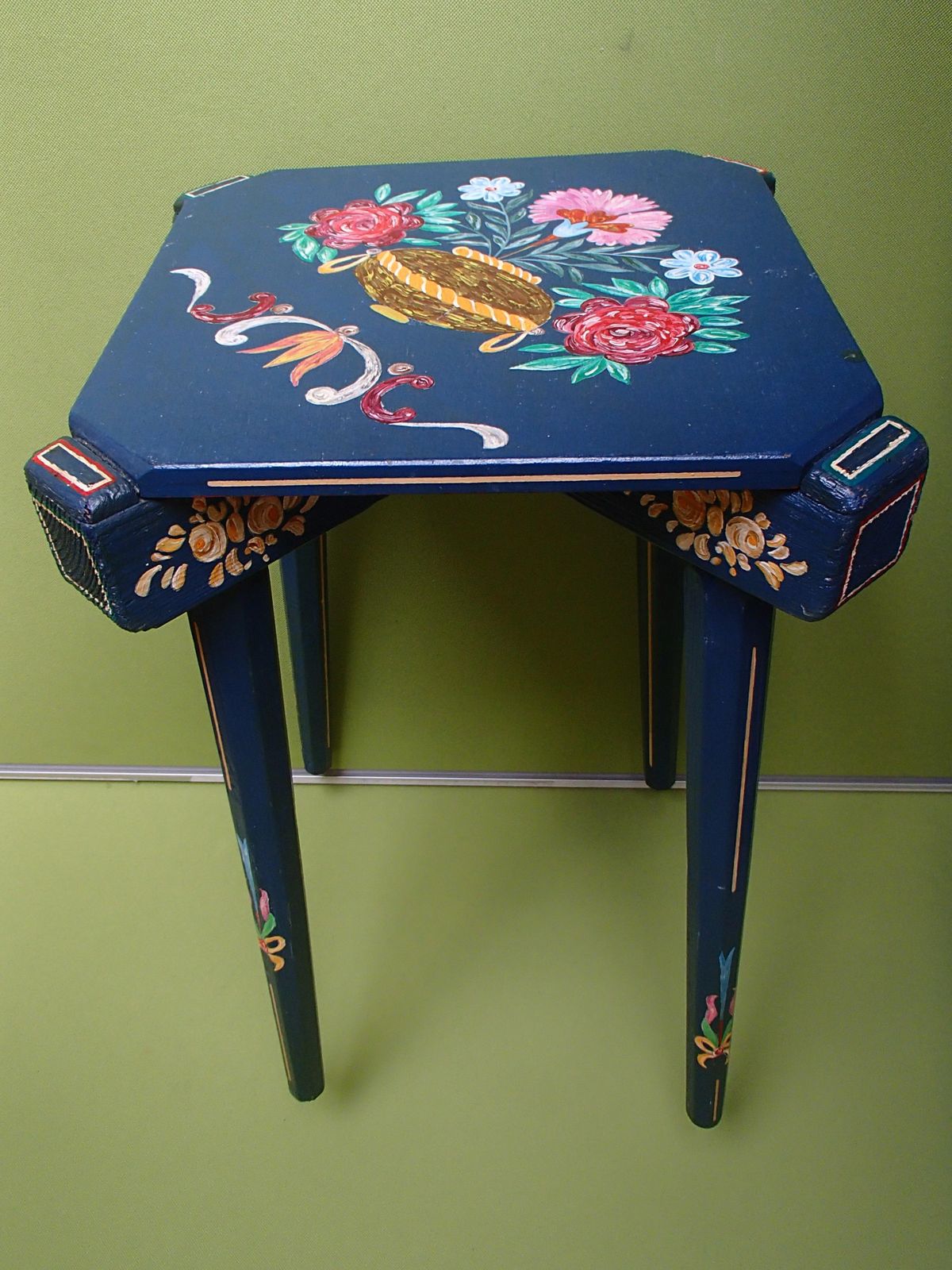 photo furniture 19th Century Folk Art Blue Wooden Stool Or Side Table Hand Painted Flowers