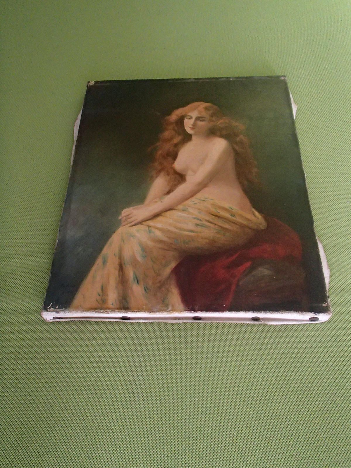 19th Century Oil On Canvas Painting Young Lady With Red Hair Half Nude photo furniture
