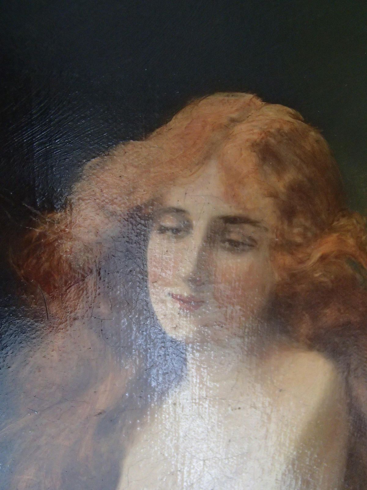 19th Century Oil On Canvas Painting Young Lady With Red Hair Half Nude photo vinterior
