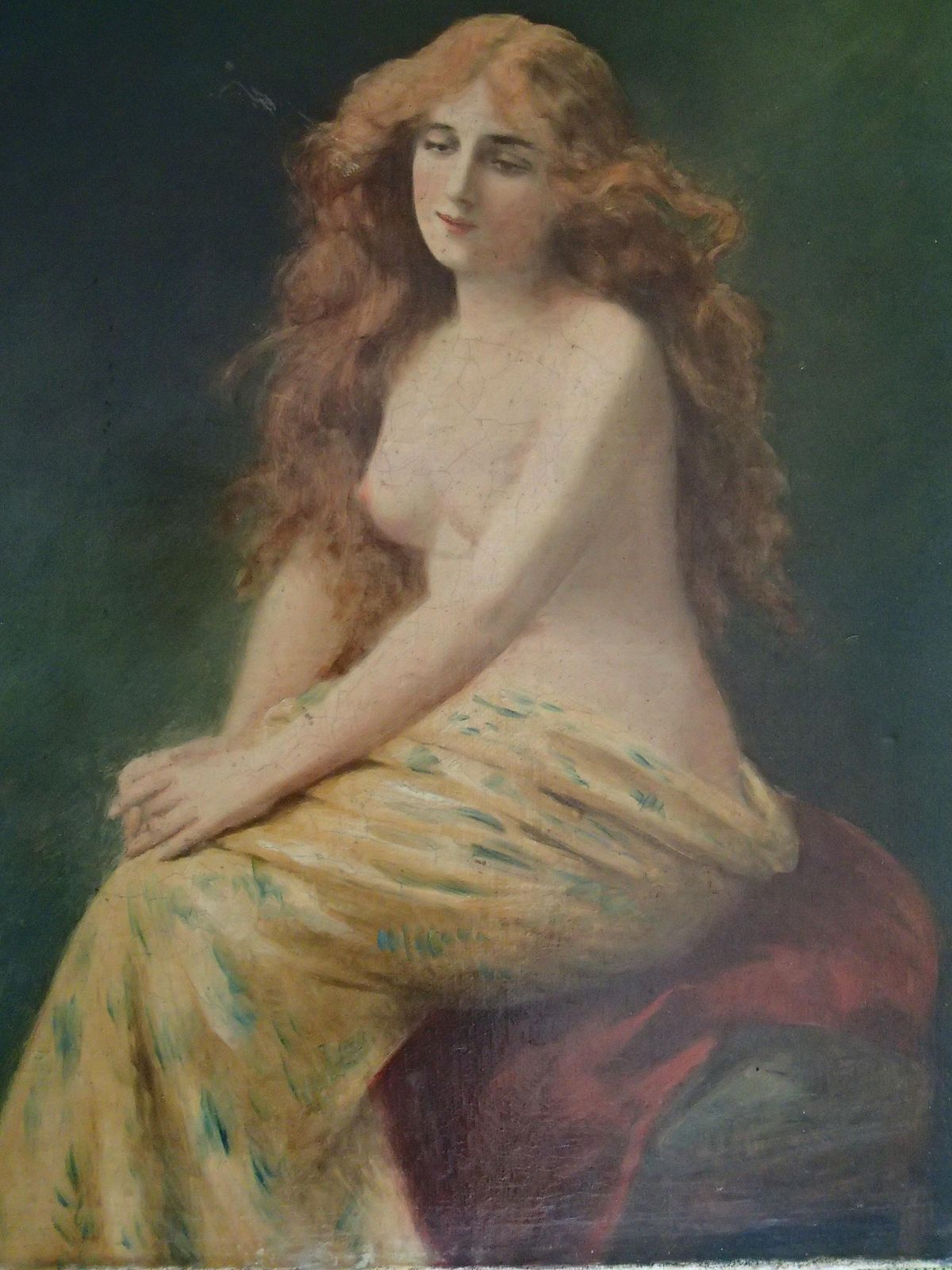photo for sale 19th Century Oil On Canvas Painting Young Lady With Red Hair Half Nude