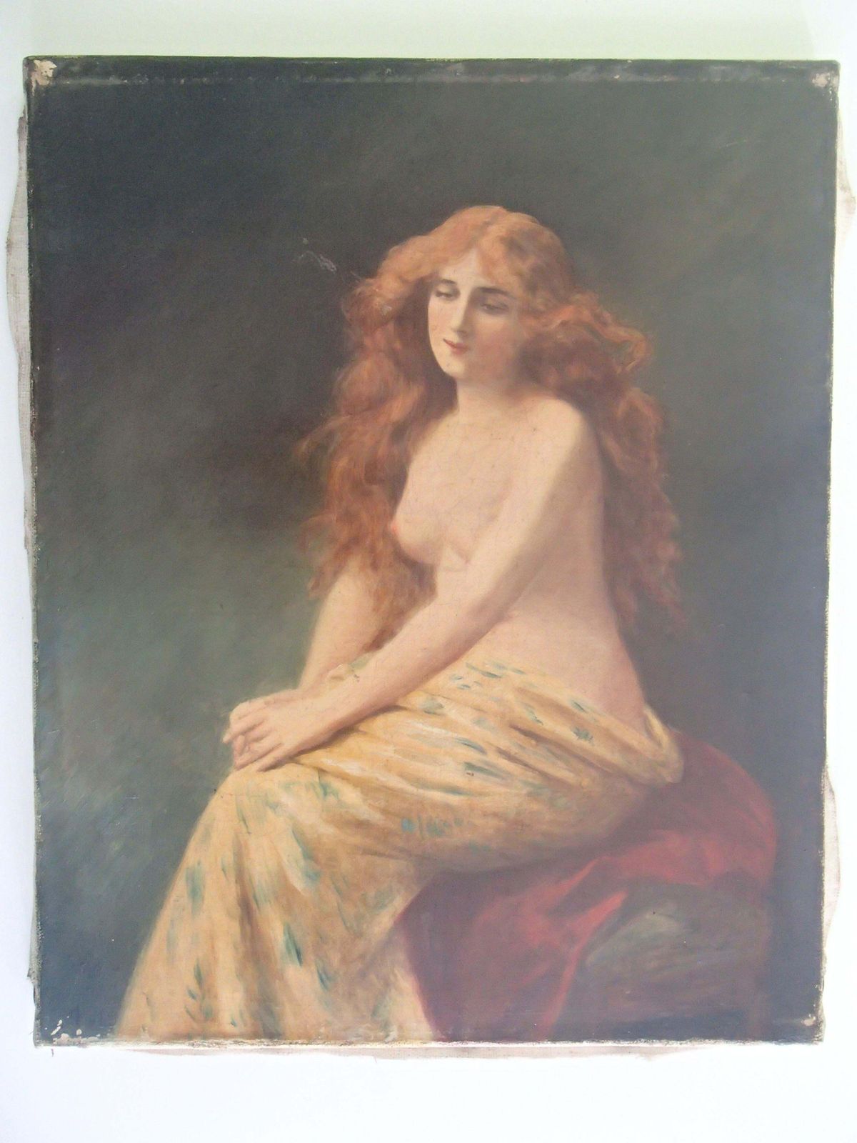 photo vinterior 19th Century Oil On Canvas Painting Young Lady With Red Hair Half Nude