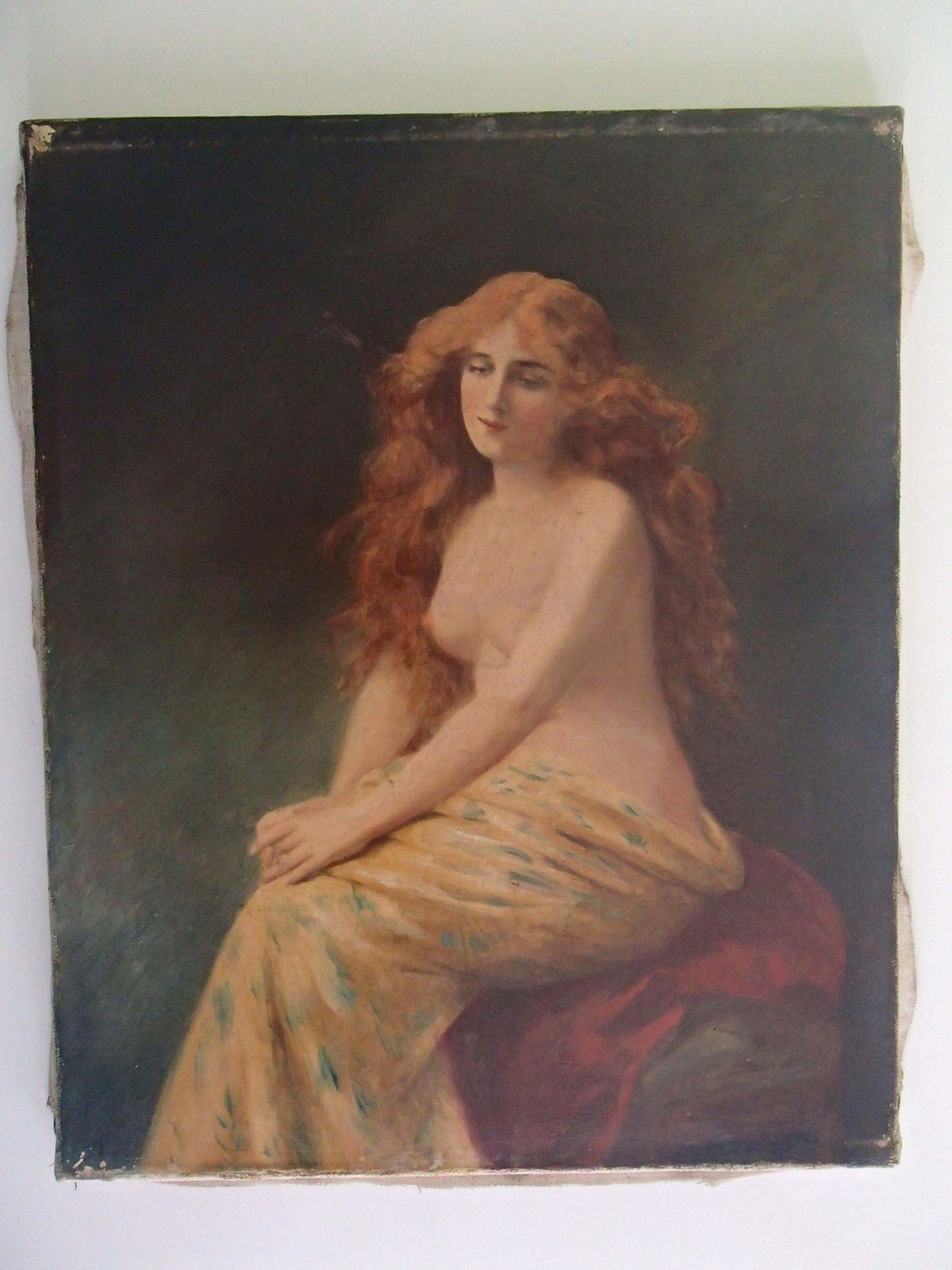 photo buy 19th Century Oil On Canvas Painting Young Lady With Red Hair Half Nude