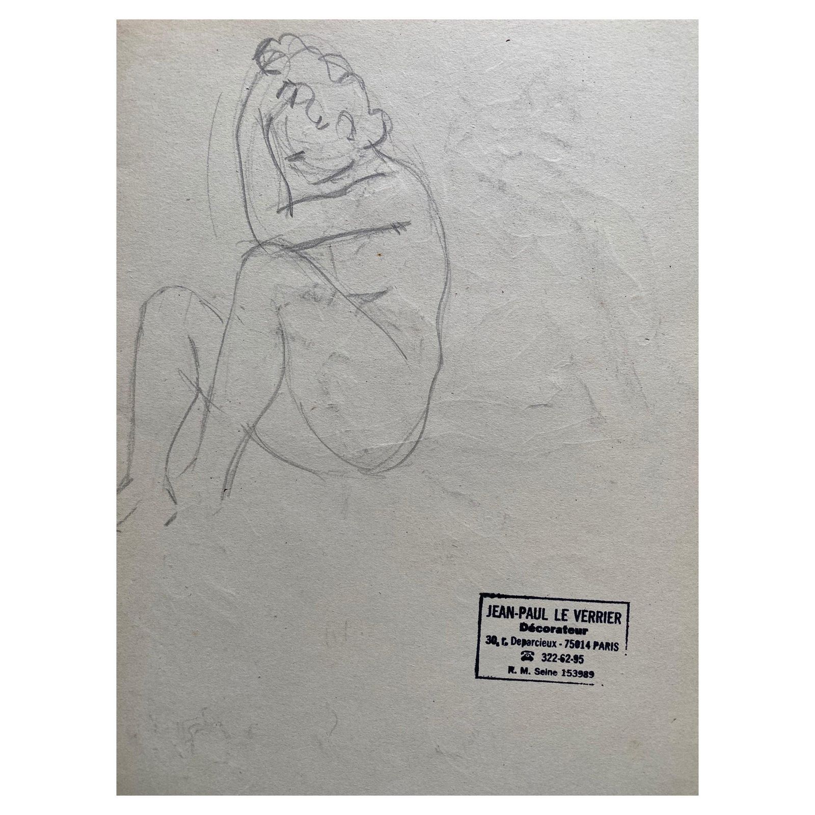 Unknown Mid 20th Century French Original Line Drawing Sketch Nude Lady   Stamped