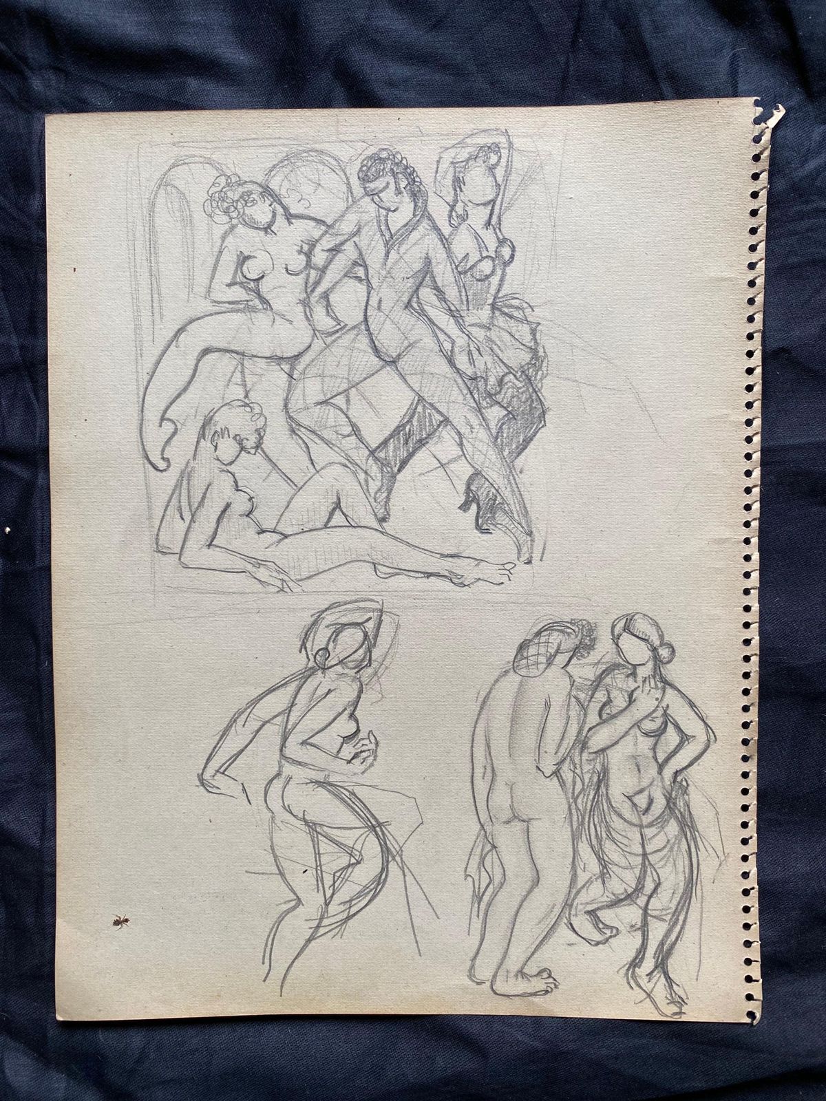 Unknown Mid 20th Century French Original Line Drawing Sketch Nude Lady   Stamped photo for sale